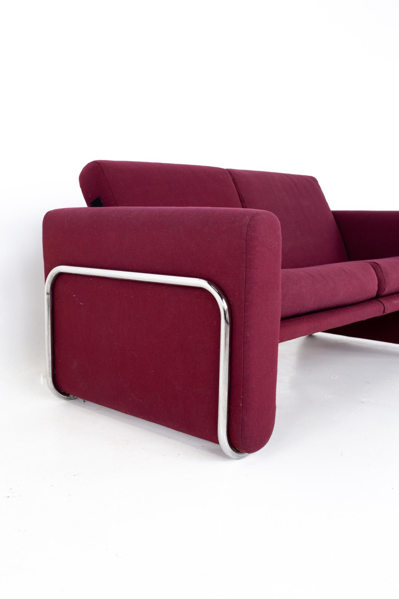 American Milo Baughman Style Mid Century Cranberry Purple and Chrome Loveseat Setee Sofa