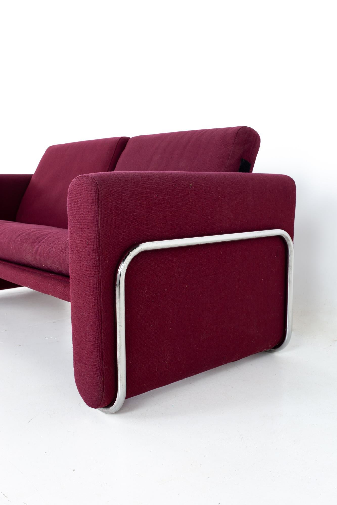 Milo Baughman Style Mid Century Cranberry Purple and Chrome Loveseat Setee Sofa In Good Condition In Countryside, IL