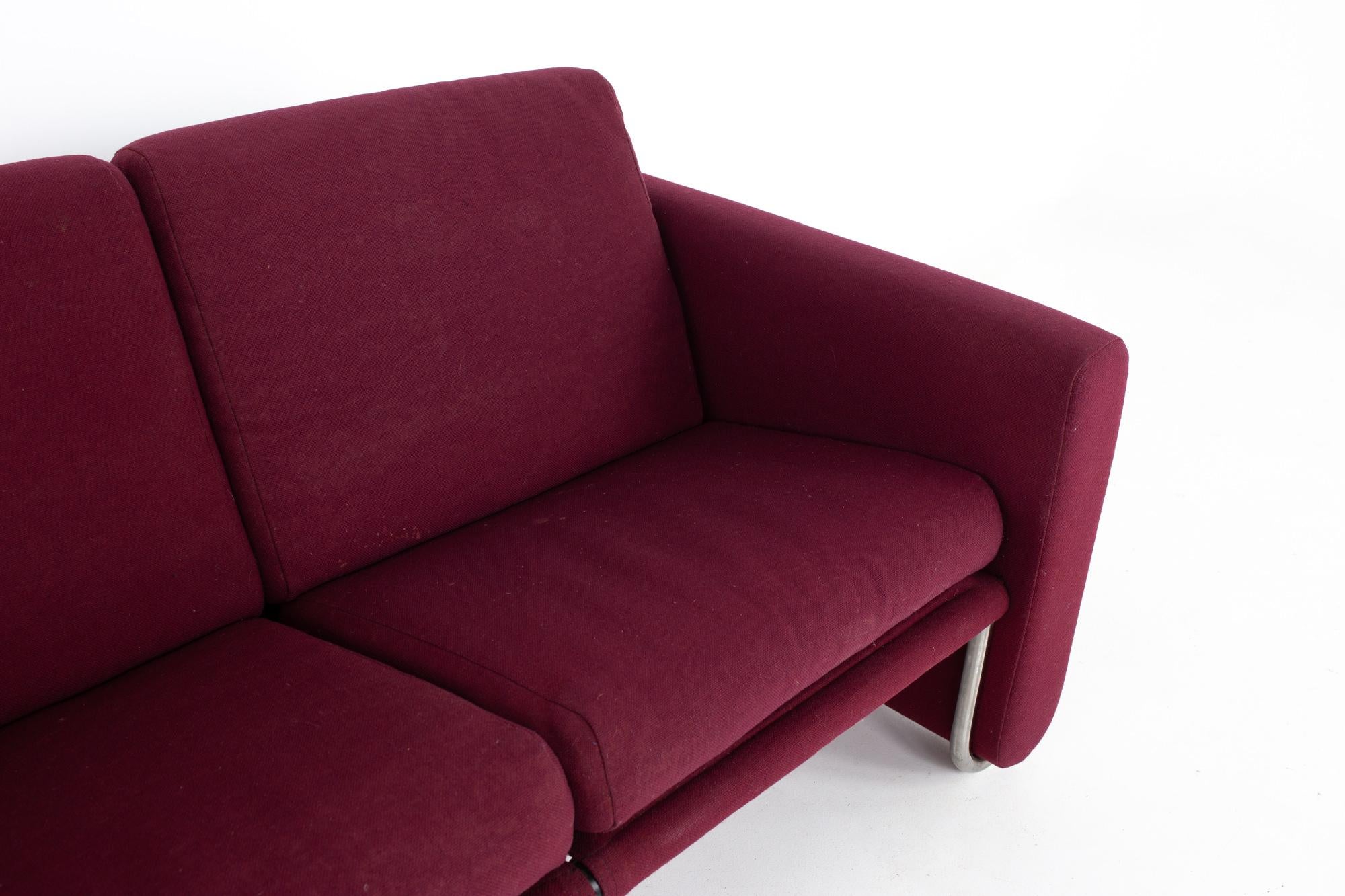 Late 20th Century Milo Baughman Style Mid Century Cranberry Purple and Chrome Loveseat Setee Sofa