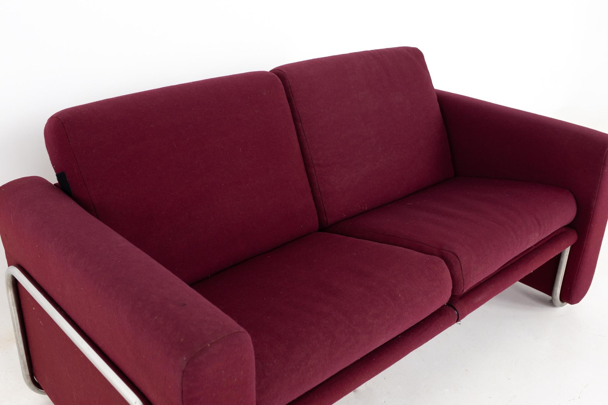 Milo Baughman Style Mid Century Cranberry Purple and Chrome Loveseat Setee Sofa 1