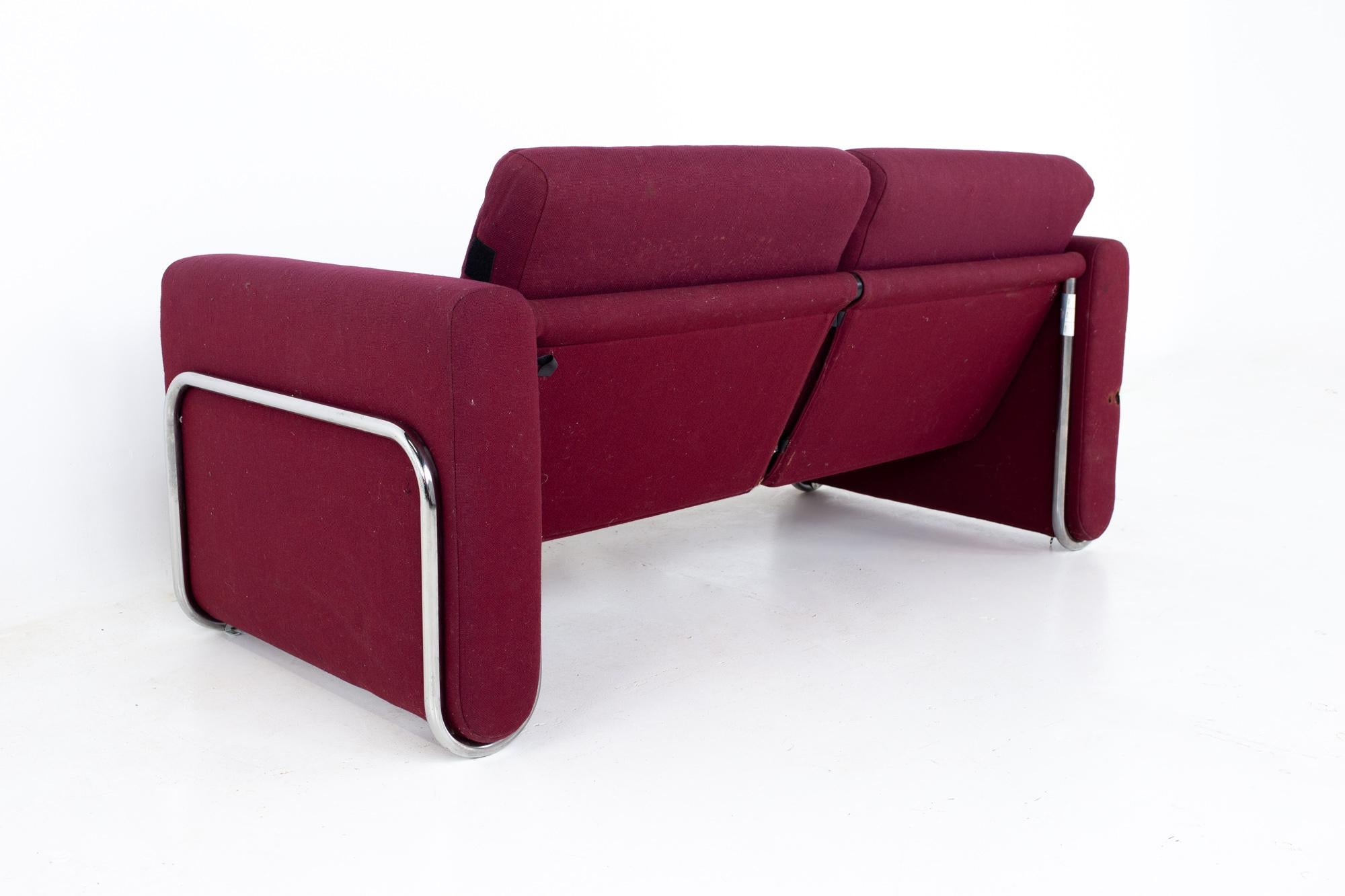 Milo Baughman Style Mid Century Cranberry Purple and Chrome Loveseat Setee Sofa 2