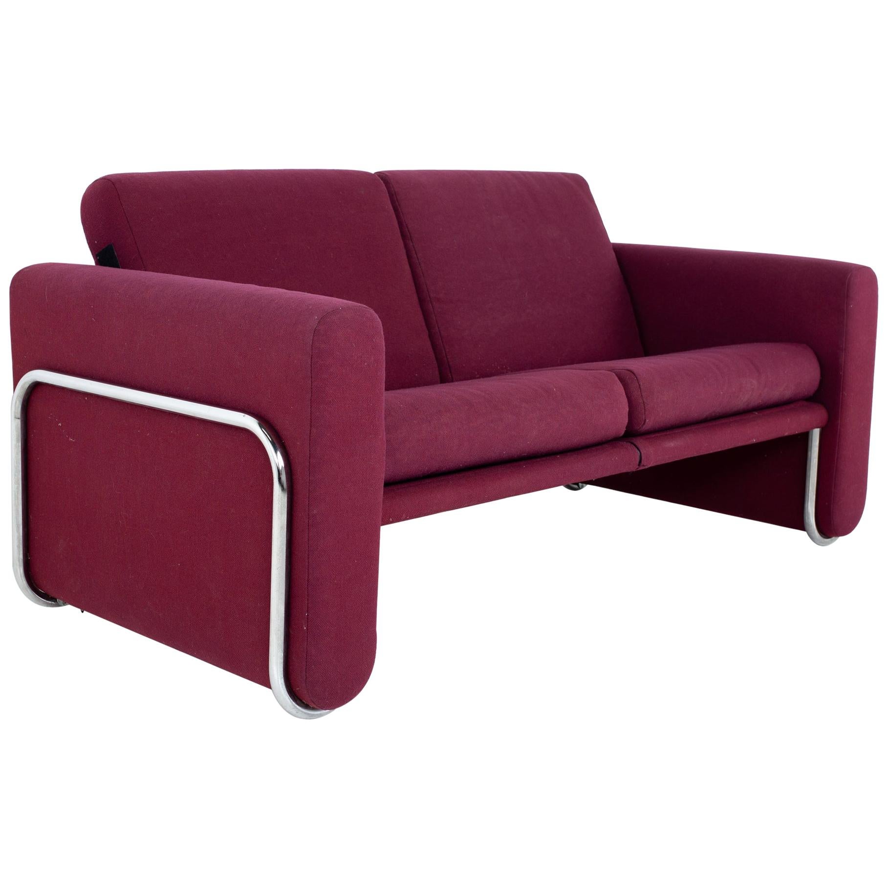 Milo Baughman Style Mid Century Cranberry Purple and Chrome Loveseat Setee Sofa