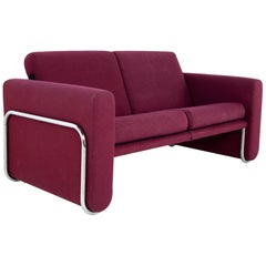 Vintage Milo Baughman Style Mid Century Cranberry Purple and Chrome Loveseat Setee Sofa