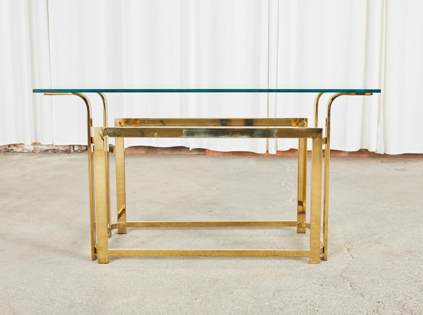 Milo Baughman Style Mid-Century Gold Brass and Glass Console For Sale 6