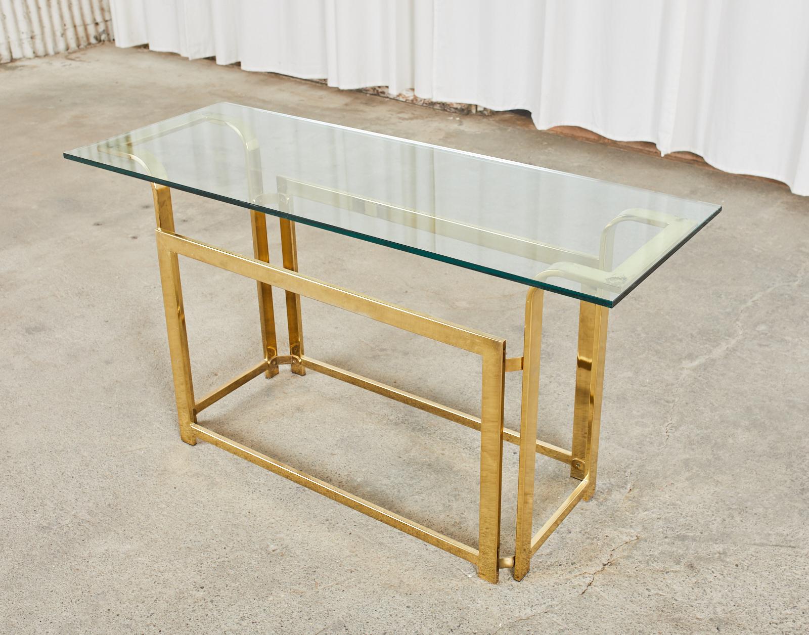 American Milo Baughman Style Mid-Century Gold Brass and Glass Console For Sale
