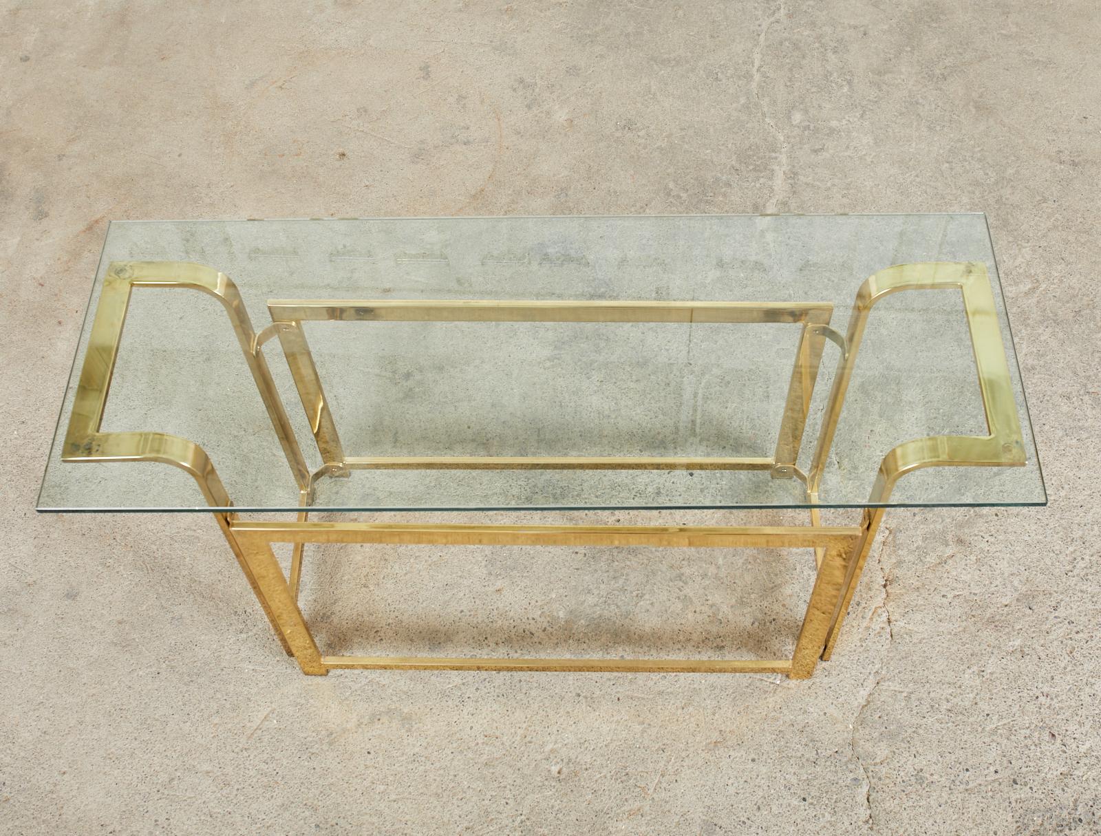 Milo Baughman Style Mid-Century Gold Brass and Glass Console In Good Condition For Sale In Rio Vista, CA