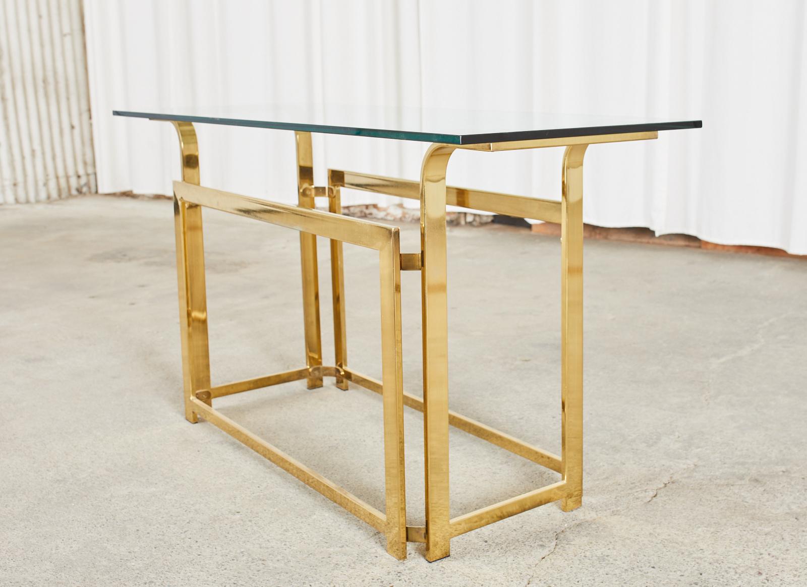 20th Century Milo Baughman Style Mid-Century Gold Brass and Glass Console For Sale