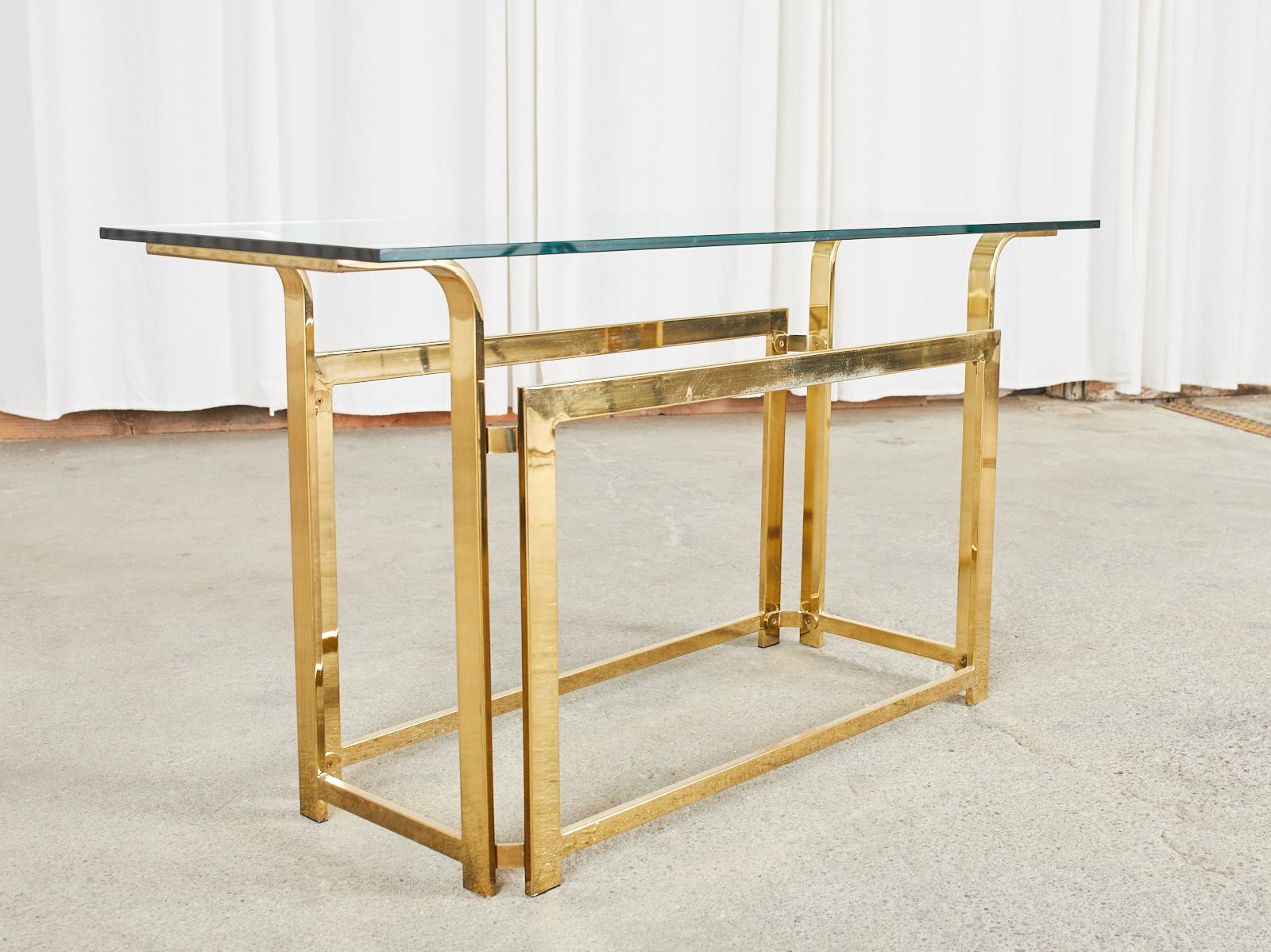 Metal Milo Baughman Style Mid-Century Gold Brass and Glass Console For Sale