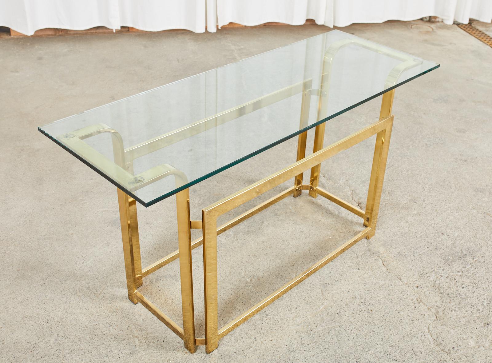 Milo Baughman Style Mid-Century Gold Brass and Glass Console For Sale 1