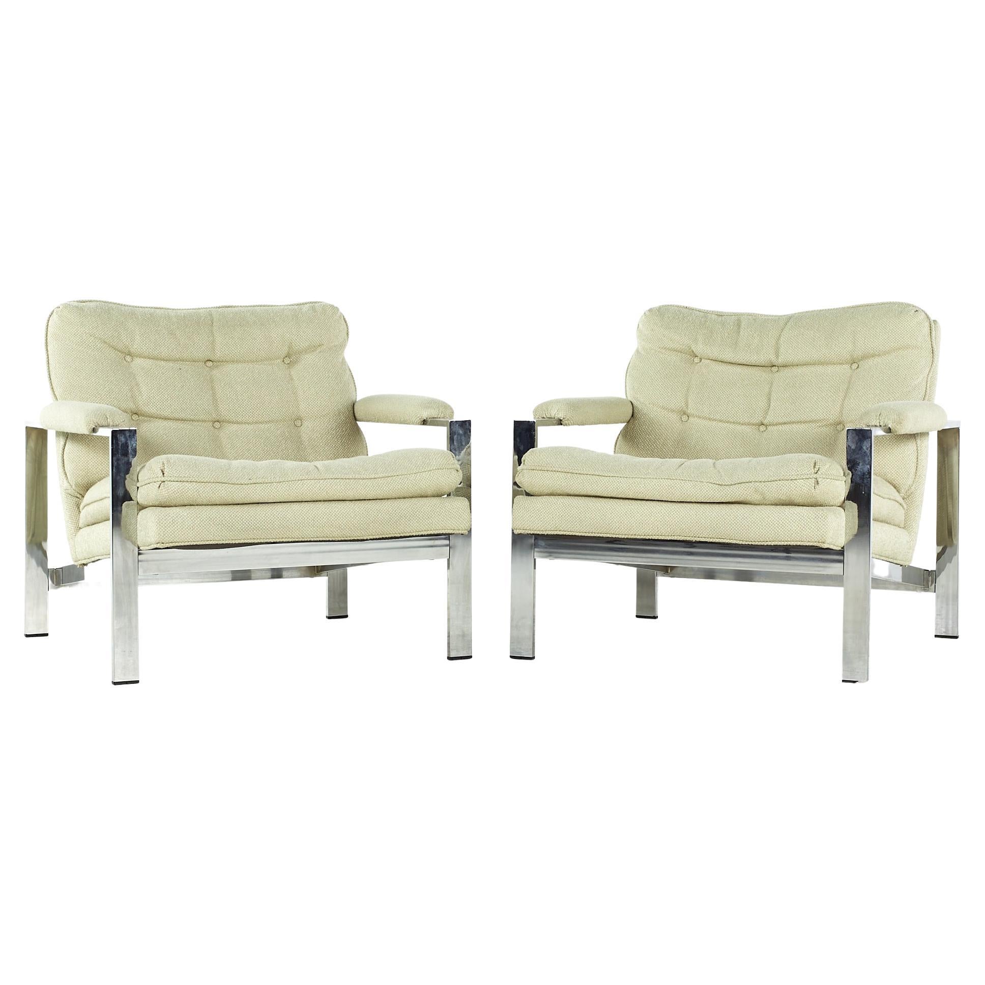 Milo Baughman Style Midcentury Italian Flatbar Lounge Chairs, Pair