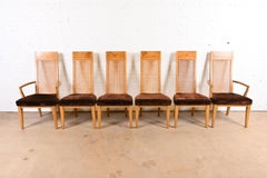 Milo Baughman Style Mid-Century Modern Burl Wood and Cane Dining Chairs by Lane
