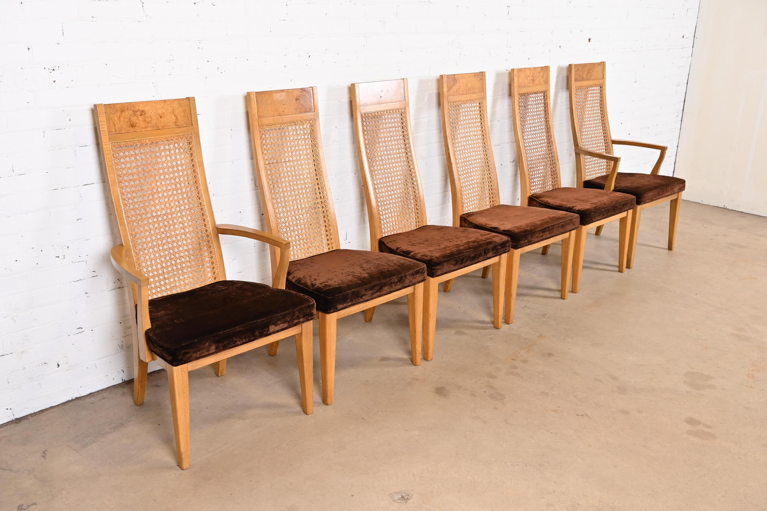 Velours Chaises de salle à manger en bois de ronce et cannage de style Milo Baughman Modernity par Lane en vente