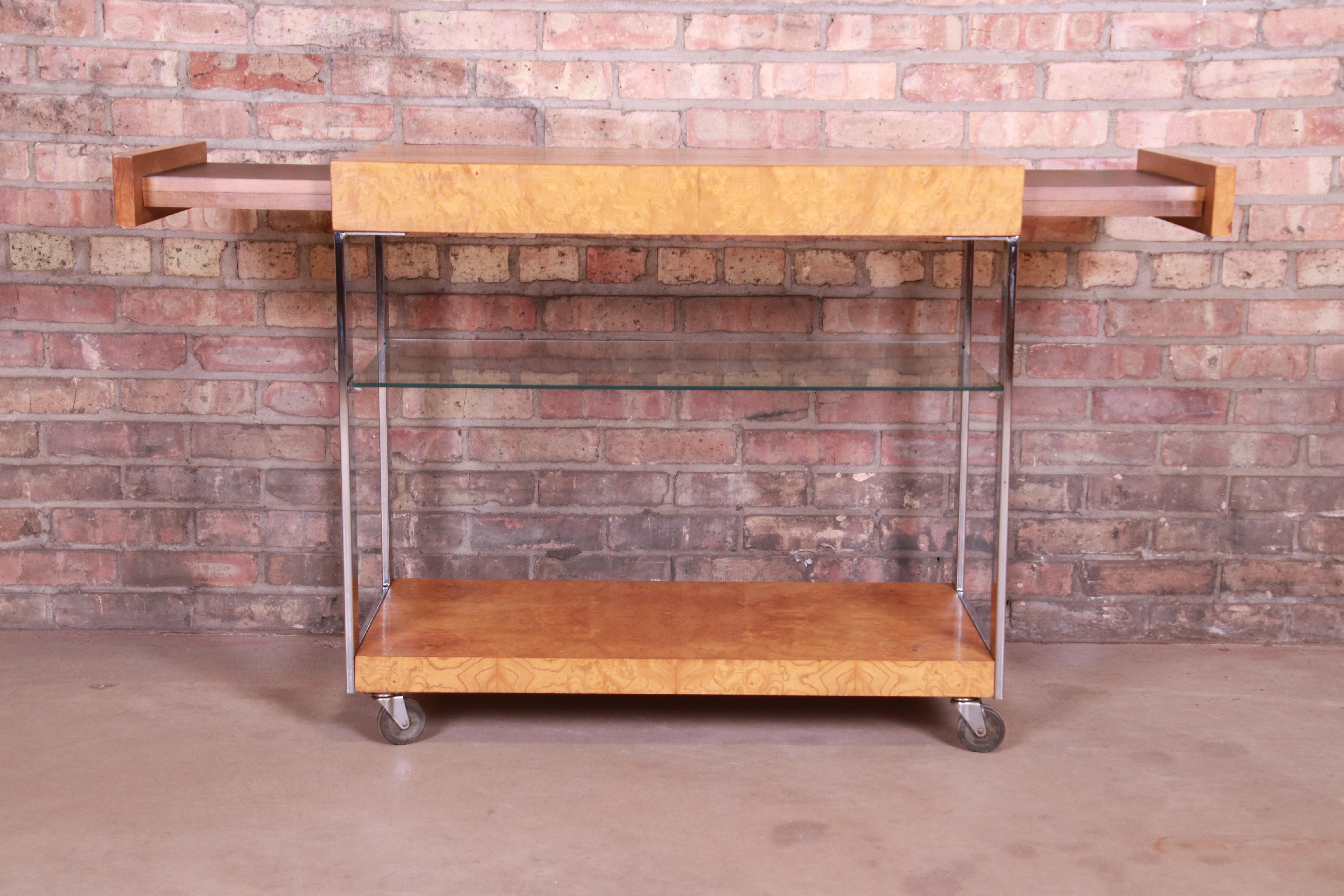 Milo Baughman Style Mid-Century Modern Burl Wood and Chrome Bar Cart by Lane 4
