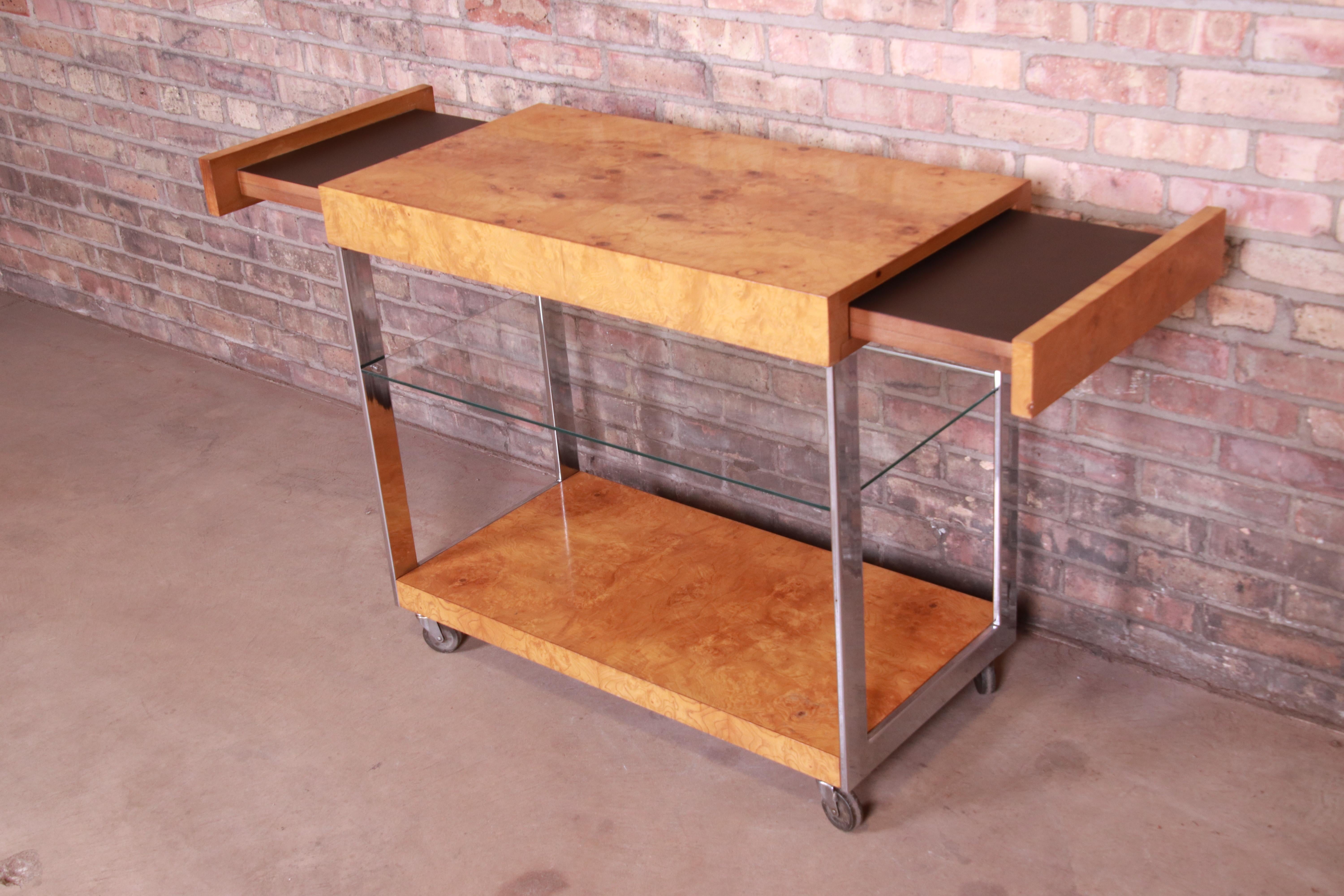 Milo Baughman Style Mid-Century Modern Burl Wood and Chrome Bar Cart by Lane 5