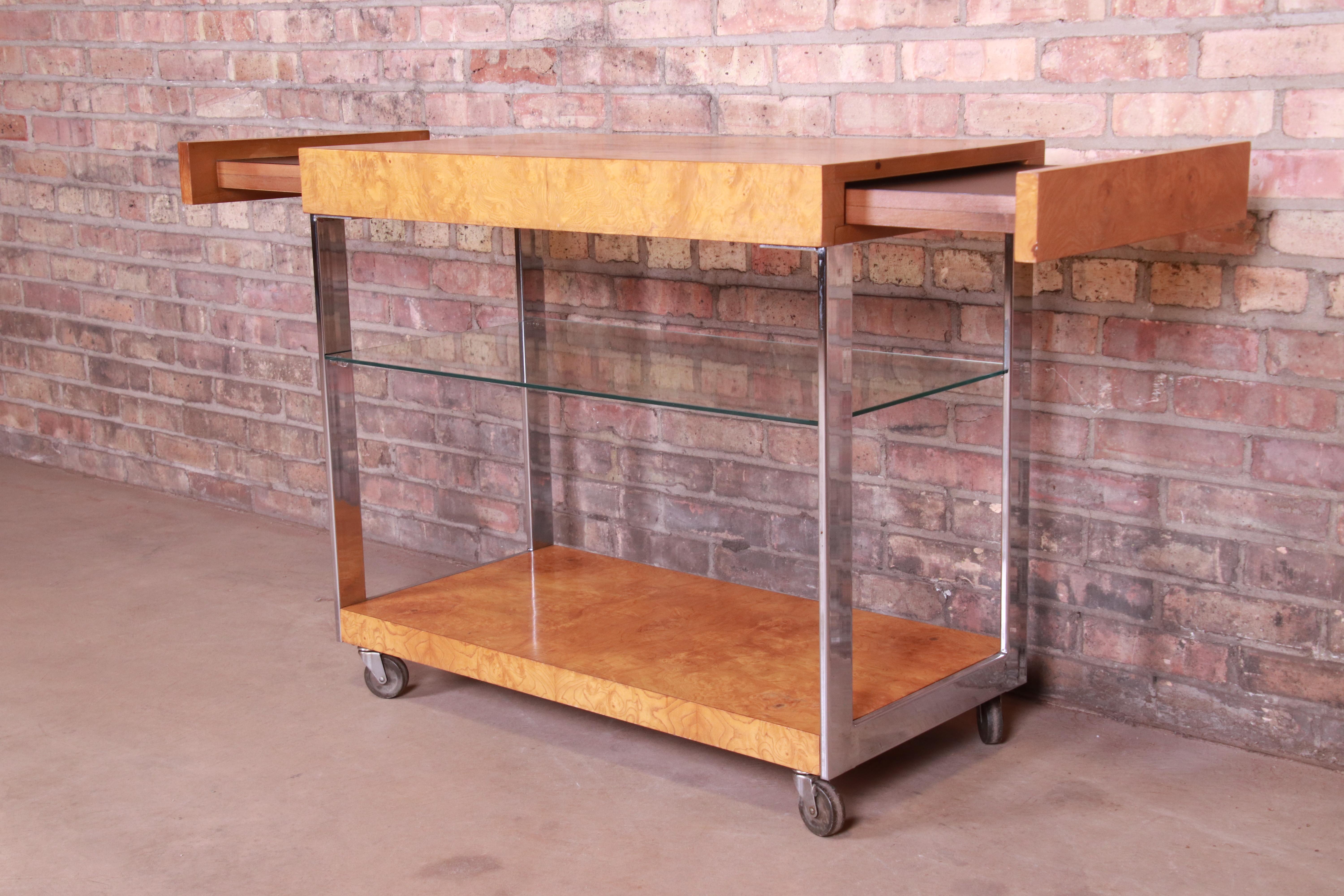 Milo Baughman Style Mid-Century Modern Burl Wood and Chrome Bar Cart by Lane 6
