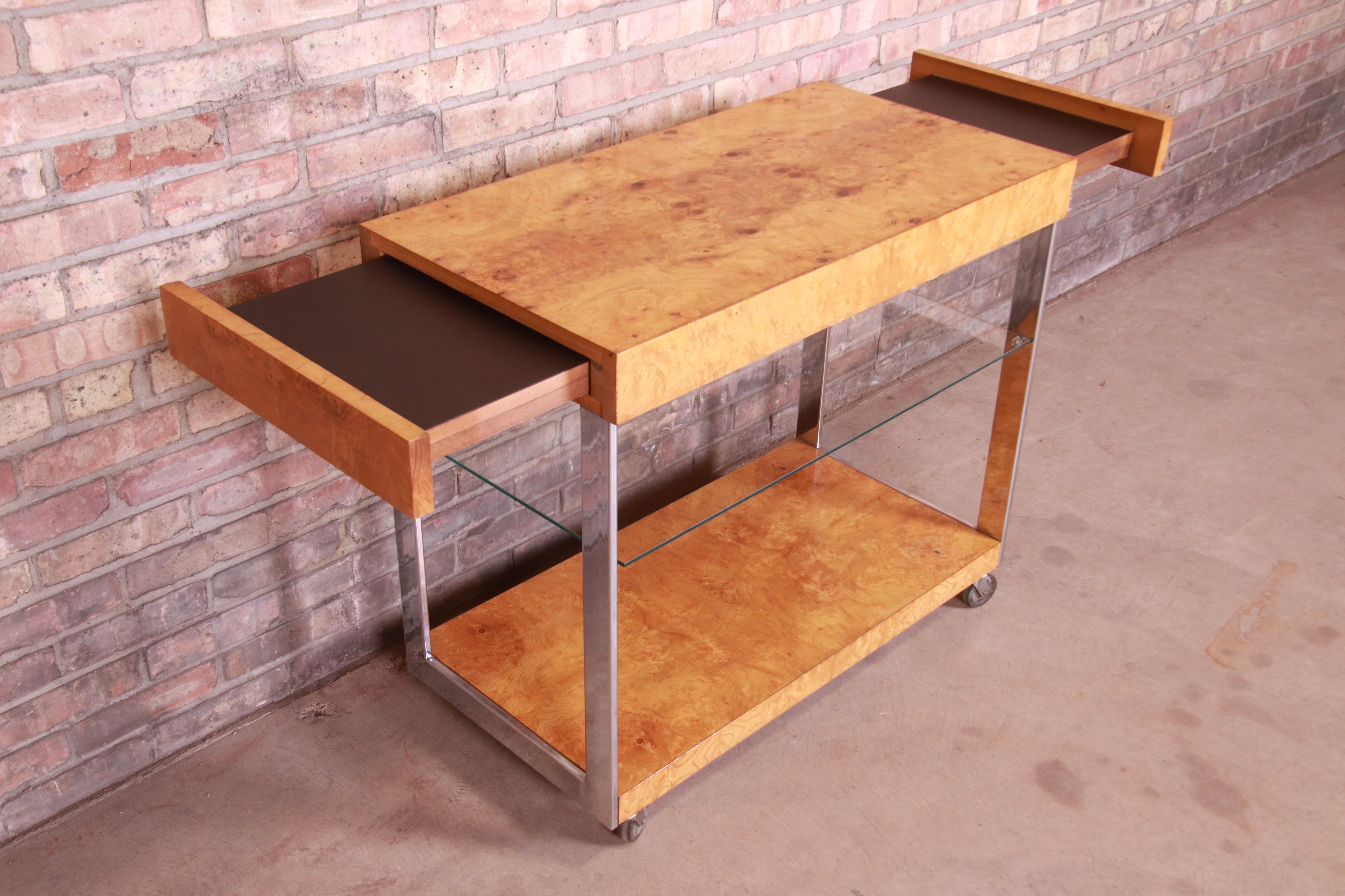 Milo Baughman Style Mid-Century Modern Burl Wood and Chrome Bar Cart by Lane 7