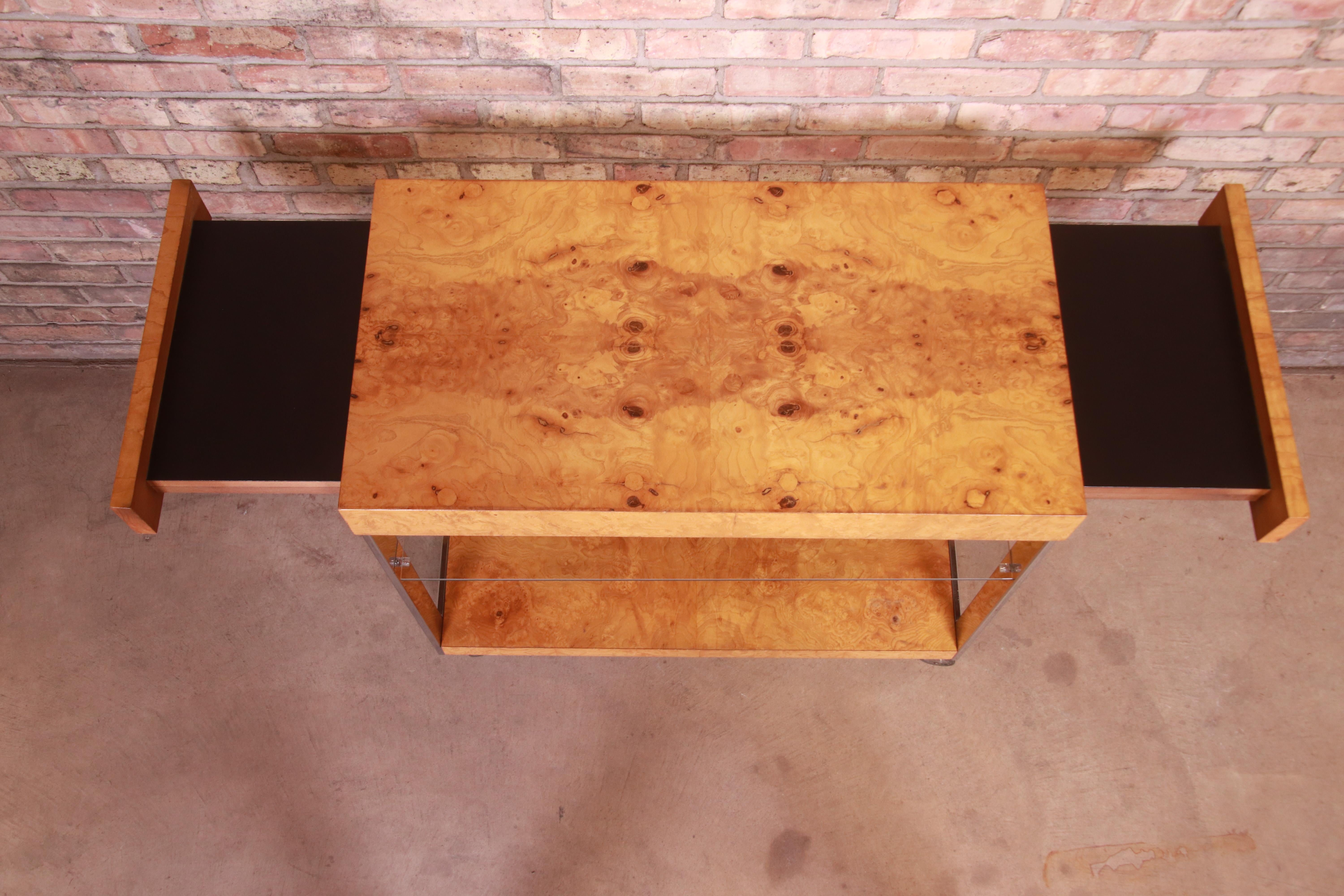 Milo Baughman Style Mid-Century Modern Burl Wood and Chrome Bar Cart by Lane 8
