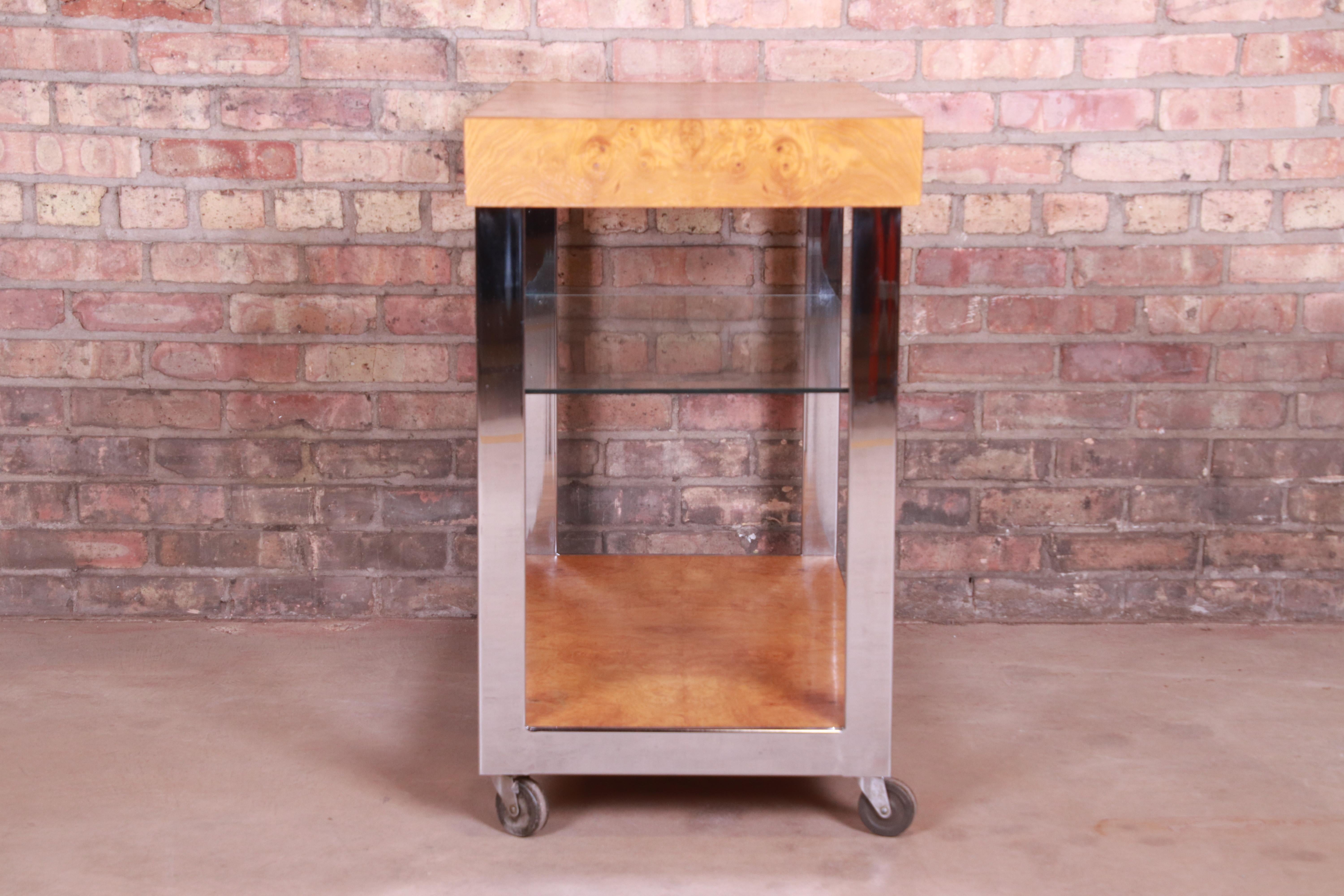 Milo Baughman Style Mid-Century Modern Burl Wood and Chrome Bar Cart by Lane 9