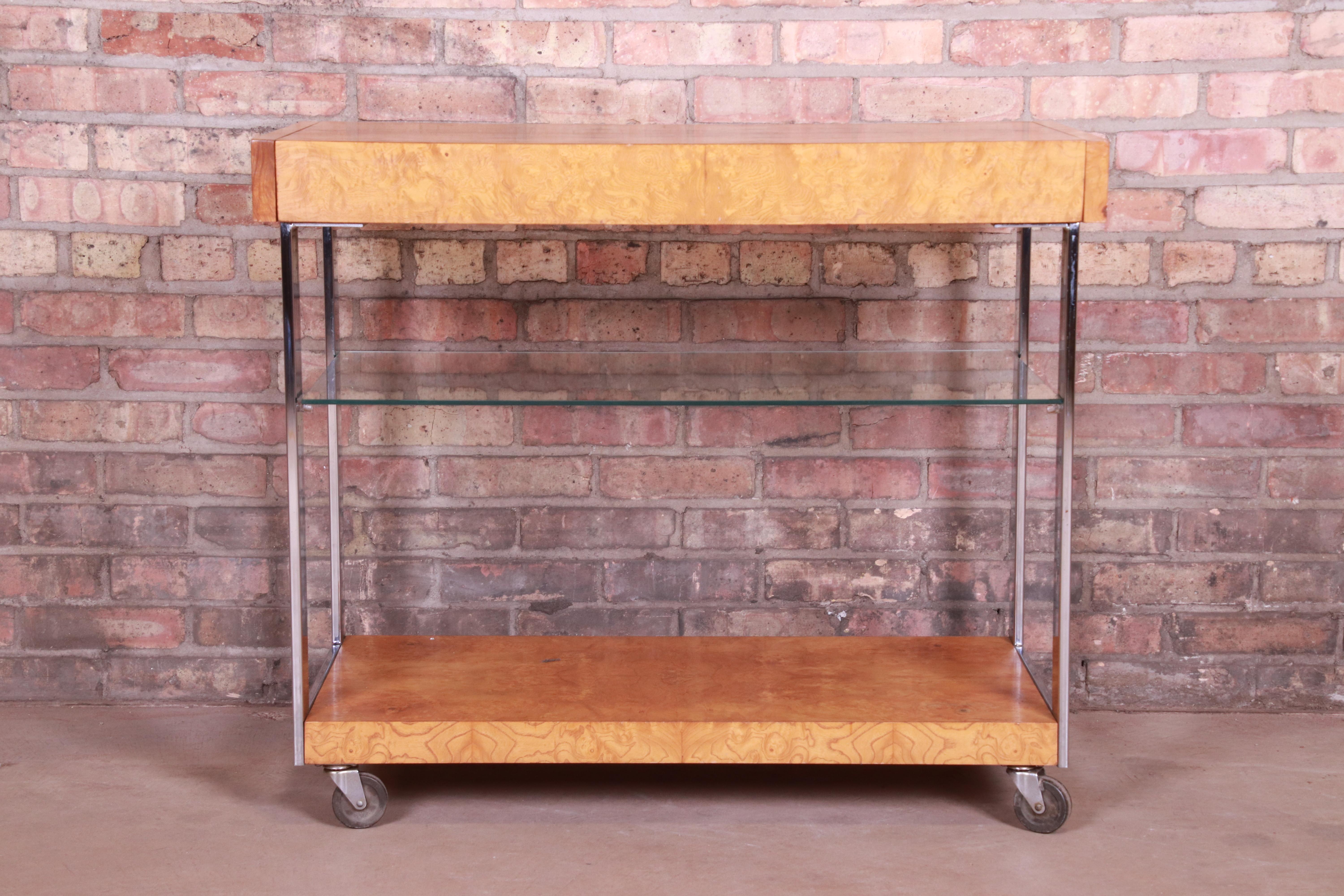 American Milo Baughman Style Mid-Century Modern Burl Wood and Chrome Bar Cart by Lane