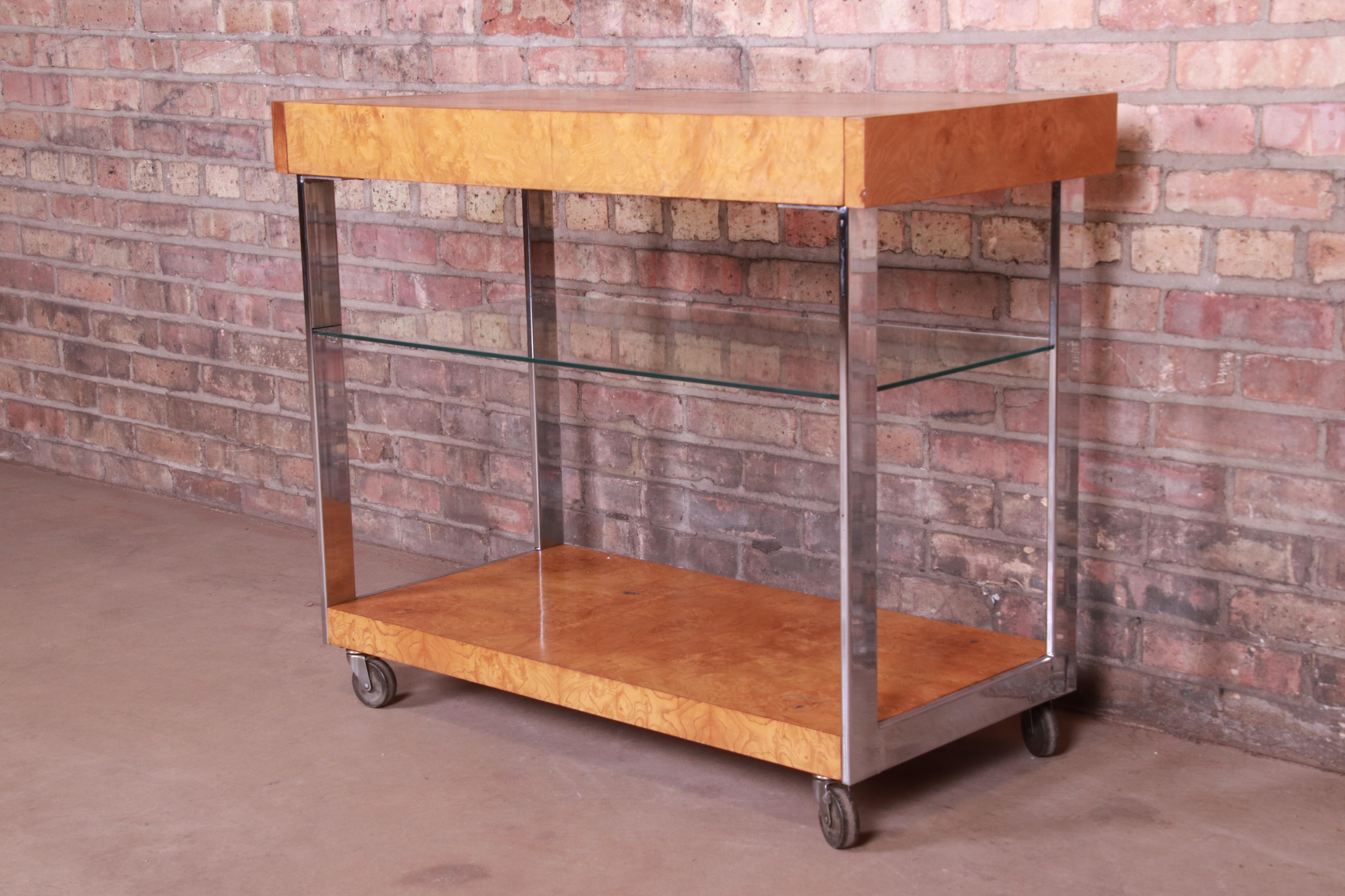 Milo Baughman Style Mid-Century Modern Burl Wood and Chrome Bar Cart by Lane In Good Condition In South Bend, IN
