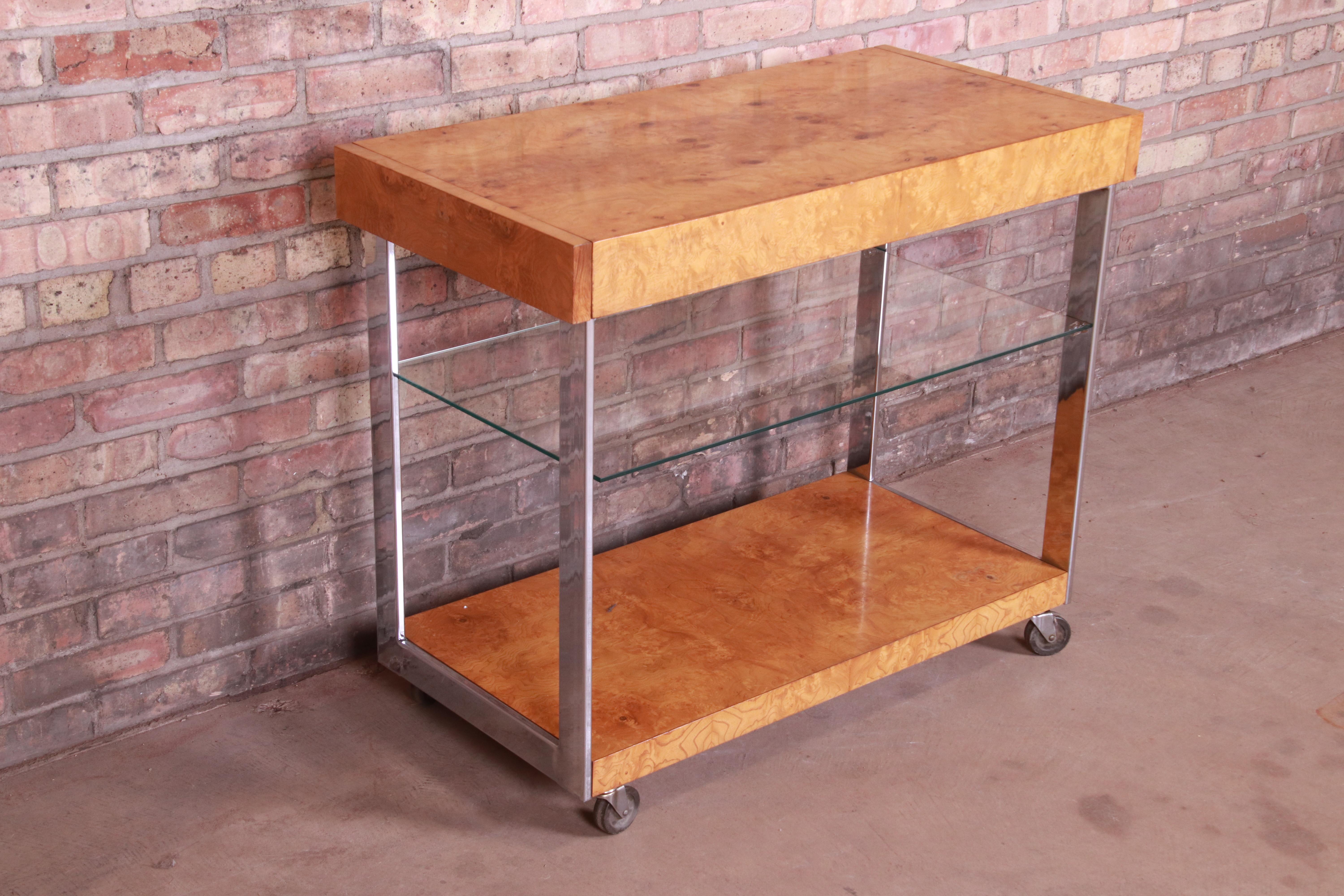 Late 20th Century Milo Baughman Style Mid-Century Modern Burl Wood and Chrome Bar Cart by Lane