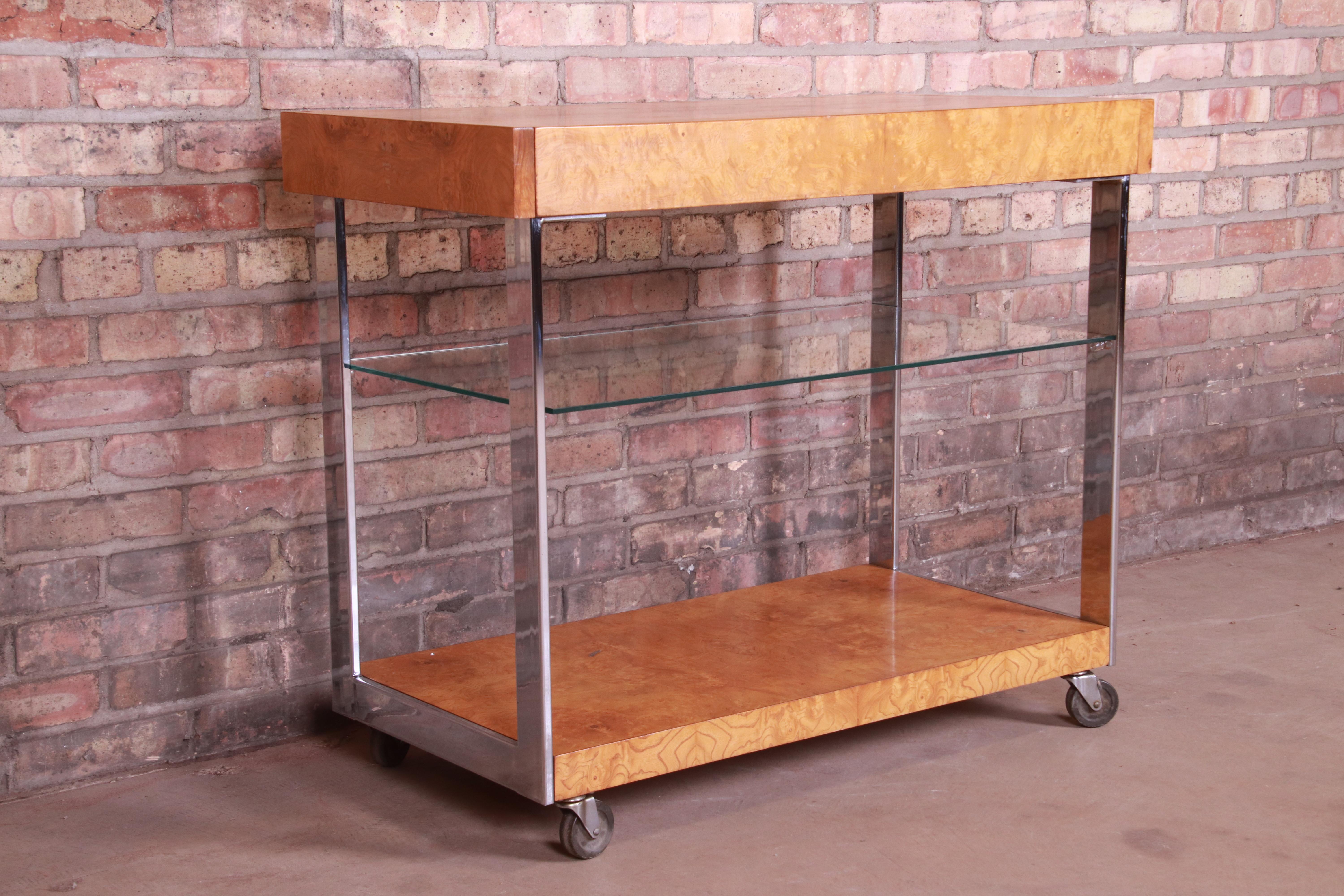Glass Milo Baughman Style Mid-Century Modern Burl Wood and Chrome Bar Cart by Lane