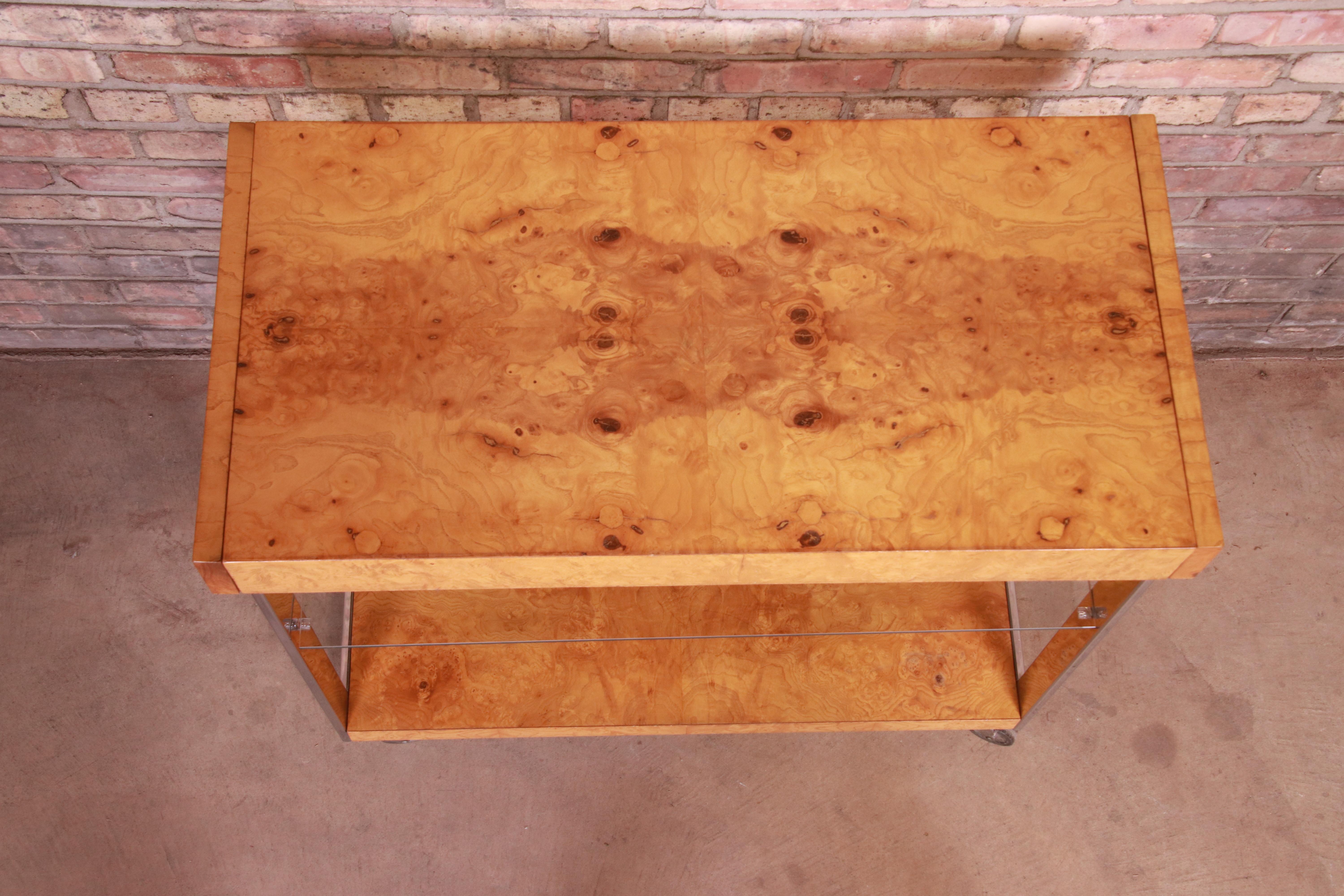 Milo Baughman Style Mid-Century Modern Burl Wood and Chrome Bar Cart by Lane 1