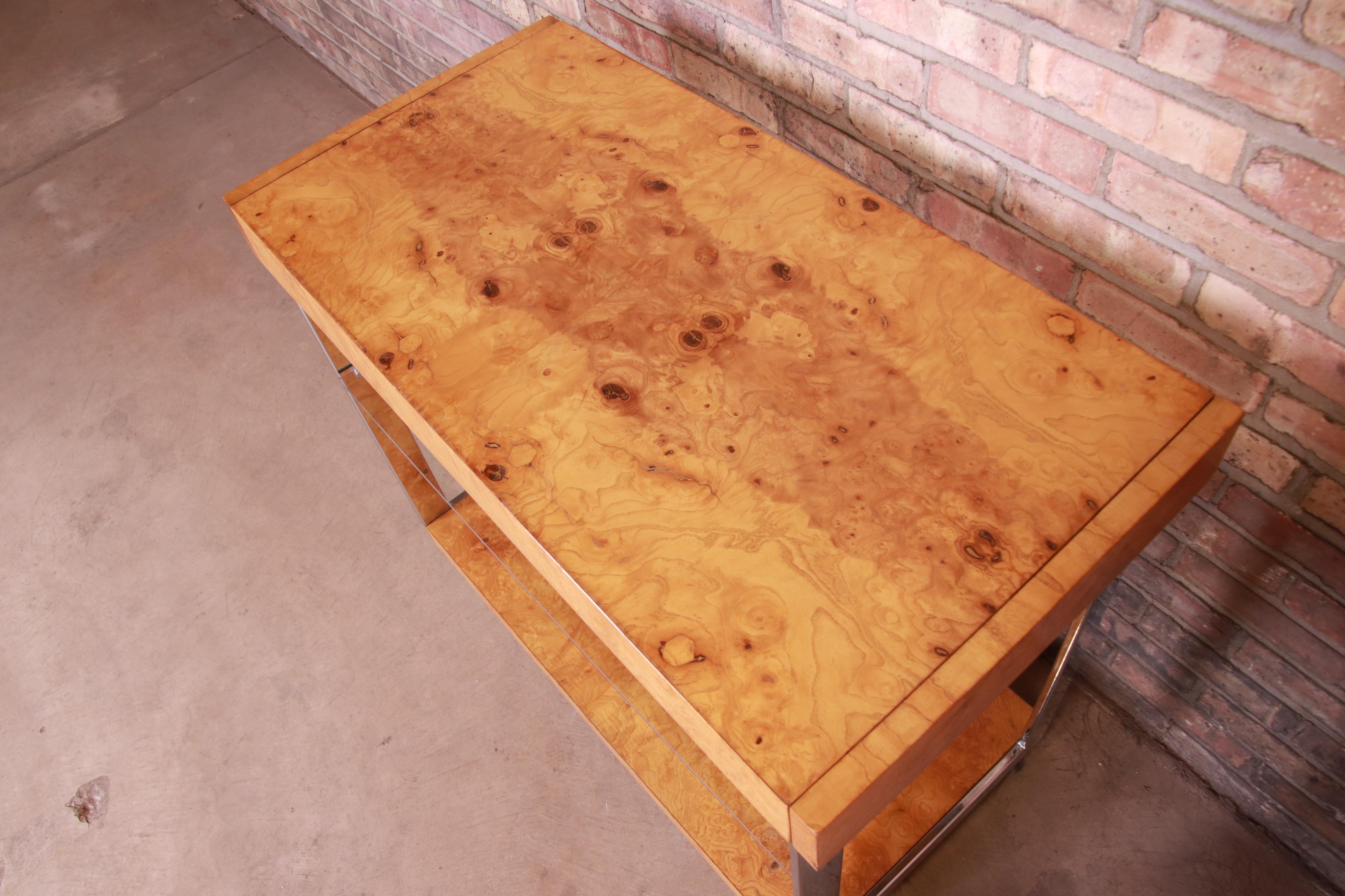 Milo Baughman Style Mid-Century Modern Burl Wood and Chrome Bar Cart by Lane 2