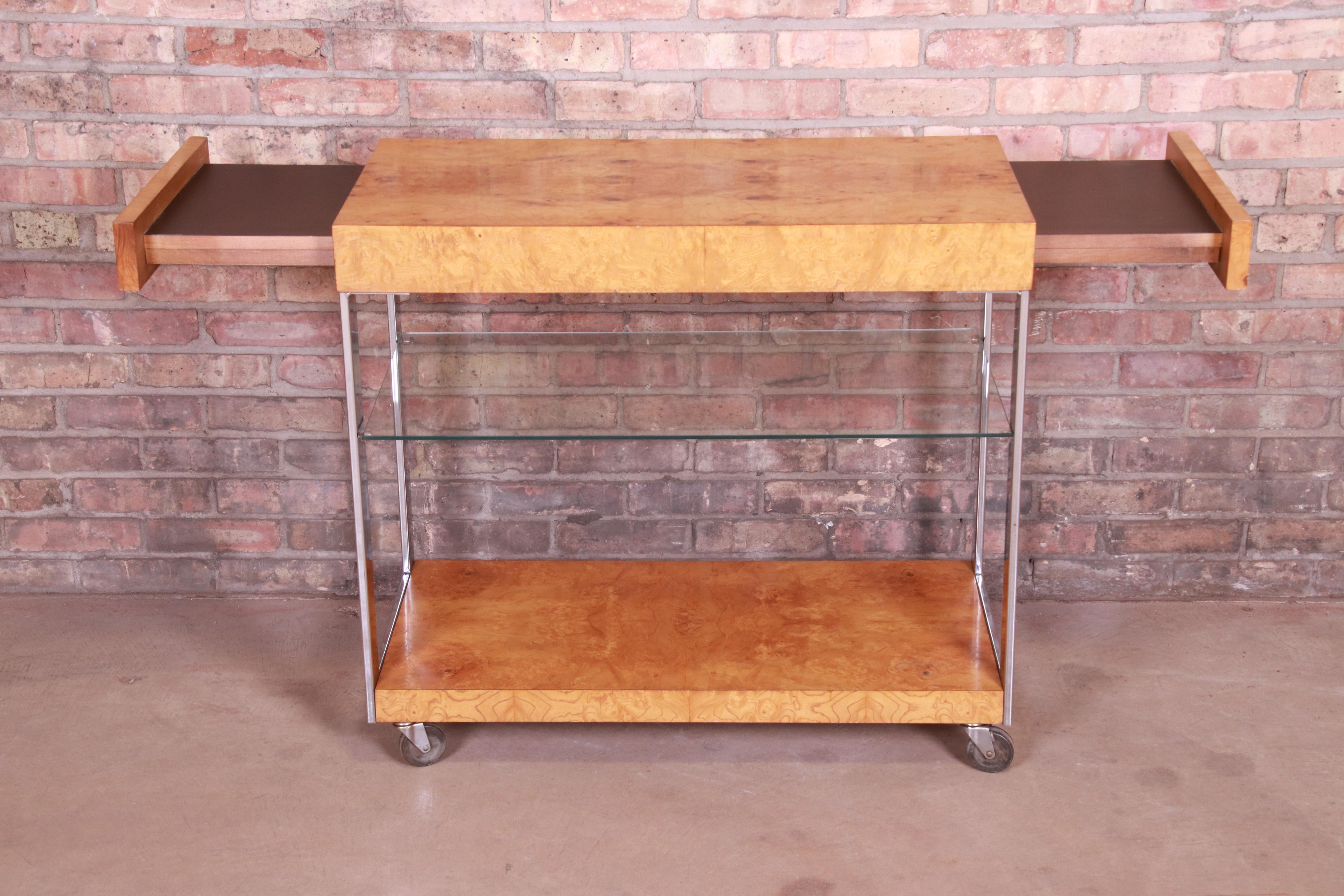 Milo Baughman Style Mid-Century Modern Burl Wood and Chrome Bar Cart by Lane 3