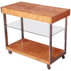 Milo Baughman Style Mid-Century Modern Burl Wood and Chrome Bar Cart by Lane