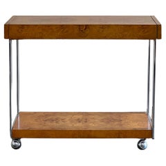 Milo Baughman Style Mid-Century Modern Burl Wood and Chrome Bar Cart by Lane