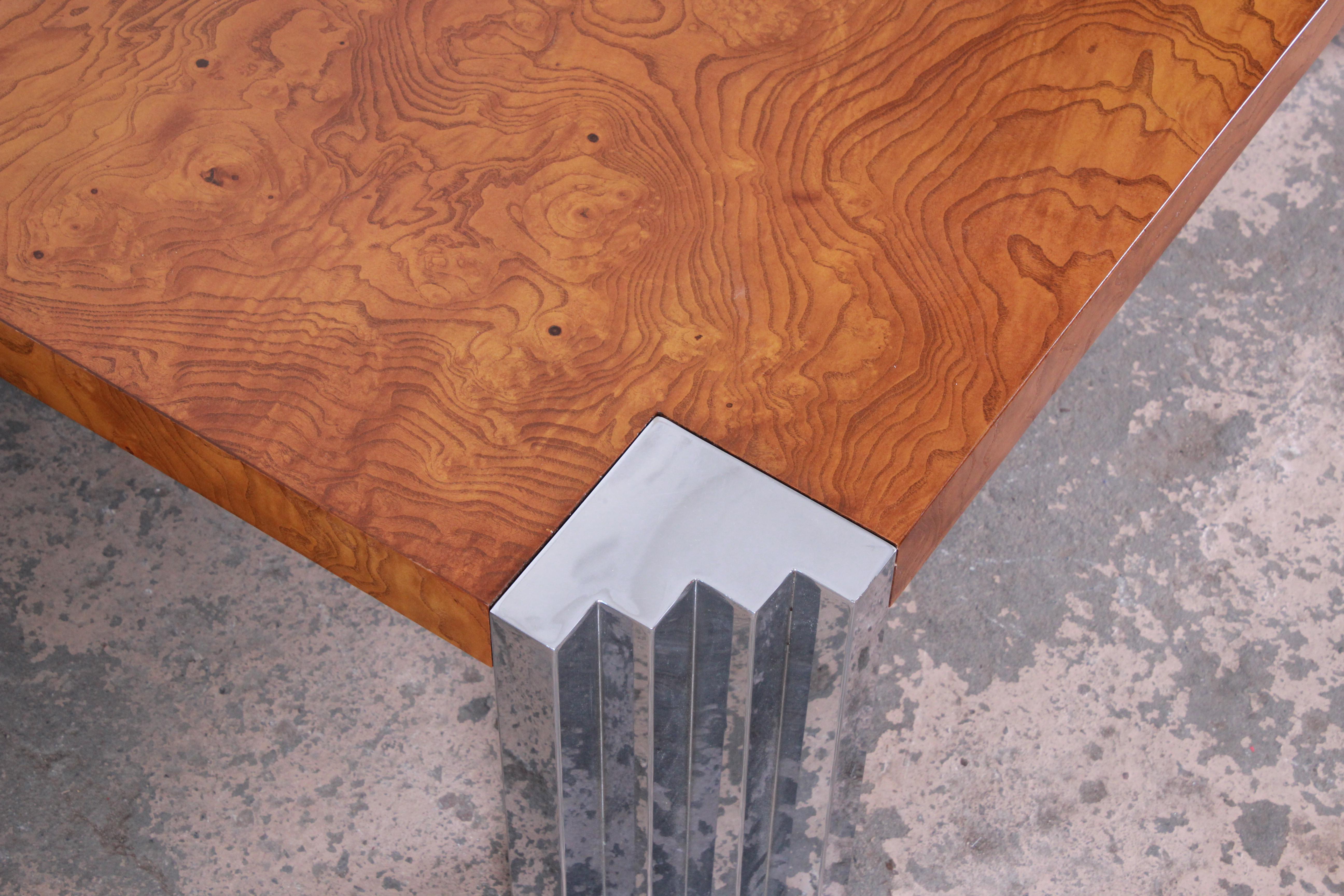 Late 20th Century Milo Baughman Style Mid-Century Modern Burl Wood and Chrome Cocktail Table