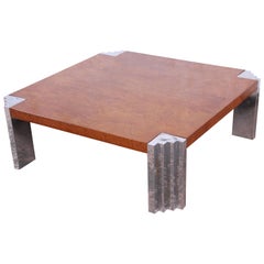 Milo Baughman Style Mid-Century Modern Burl Wood and Chrome Cocktail Table