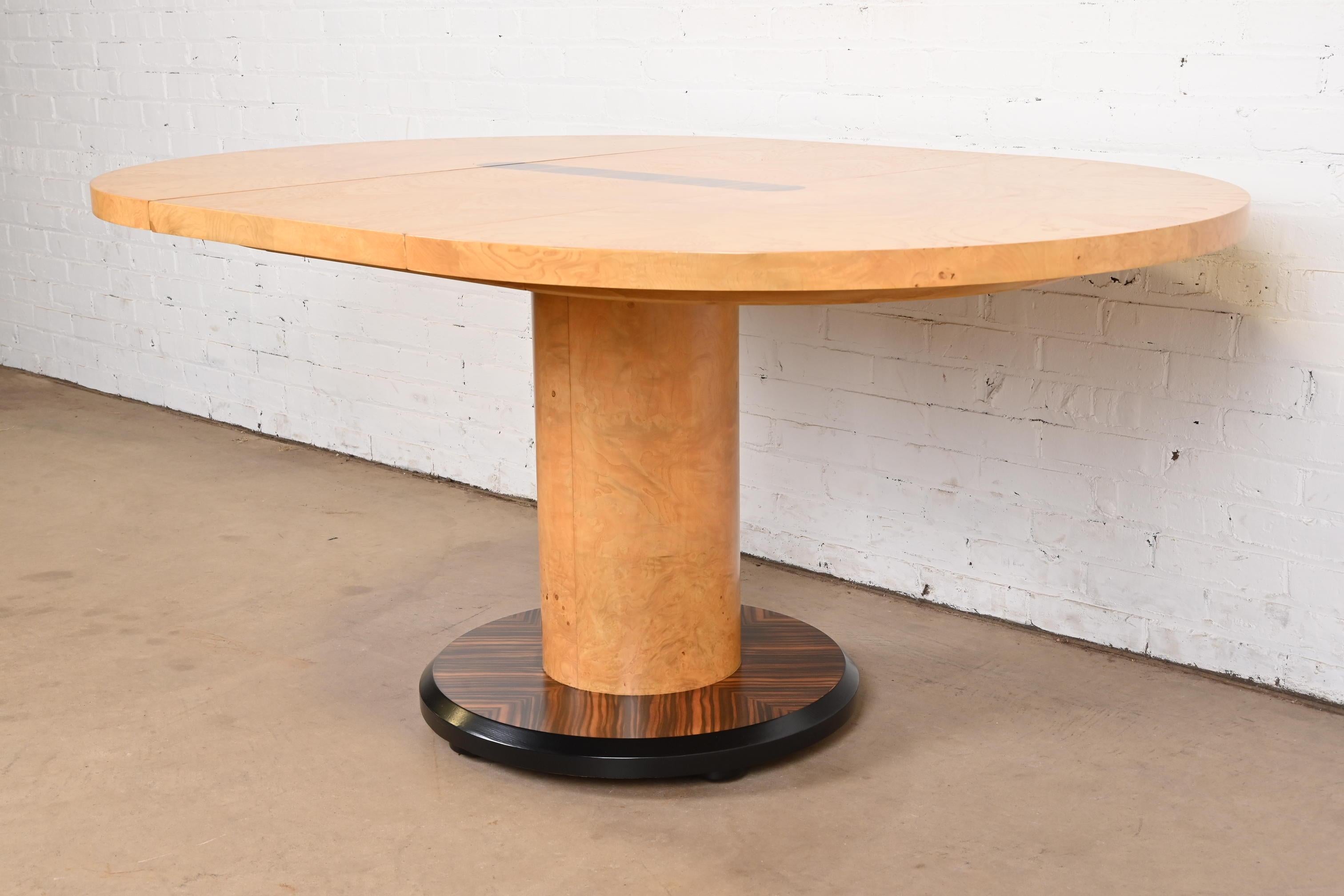Late 20th Century Milo Baughman Style Mid-Century Modern Burl Wood and Macassar Dining Table For Sale
