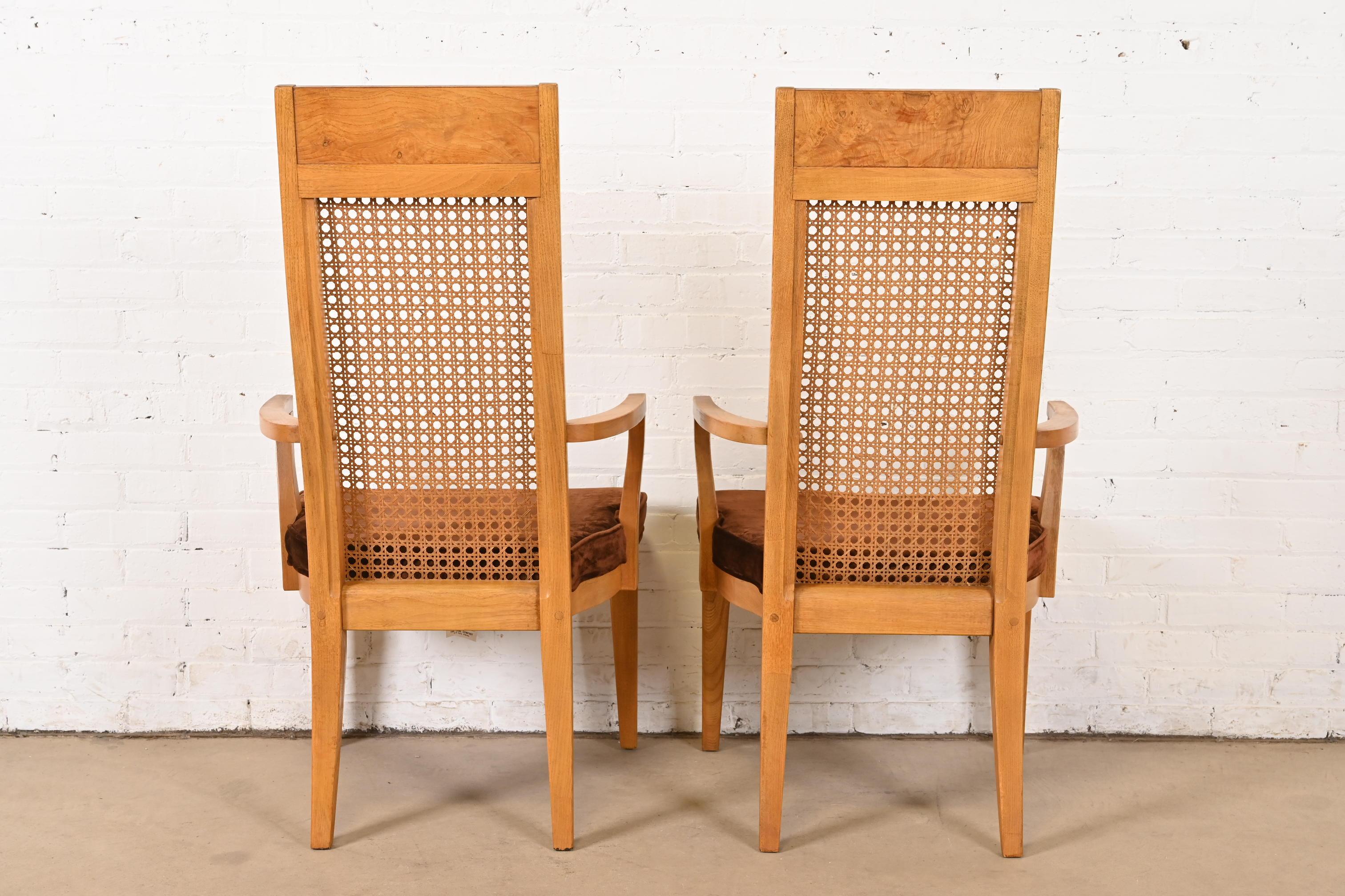 Milo Baughman Style Mid-Century Modern Burl Wood & Cane High Back Dining Chairs For Sale 4
