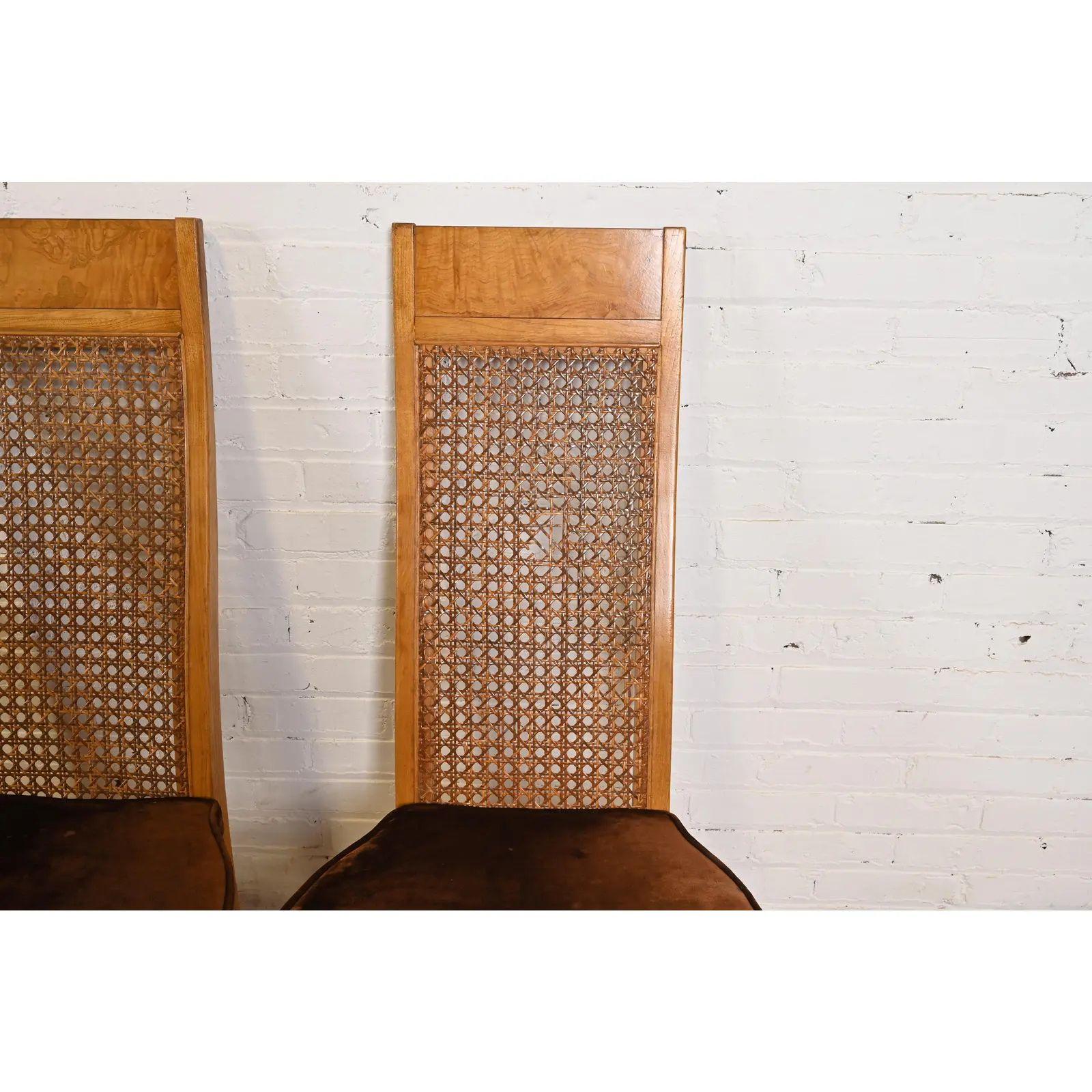 Milo Baughman Style Mid-Century Modern Burl Wood & Cane High Back Dining Chairs For Sale 6