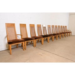Milo Baughman Style Mid-Century Modern Burl Wood & Cane High Back Dining Chairs