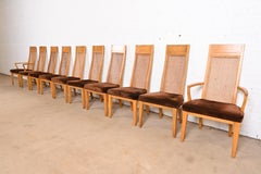 Milo Baughman Style Mid-Century Modern Burl Wood & Cane High Back Dining Chairs