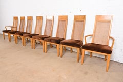 Milo Baughman Style Mid-Century Modern Burl Wood & Cane High Back Dining Chairs