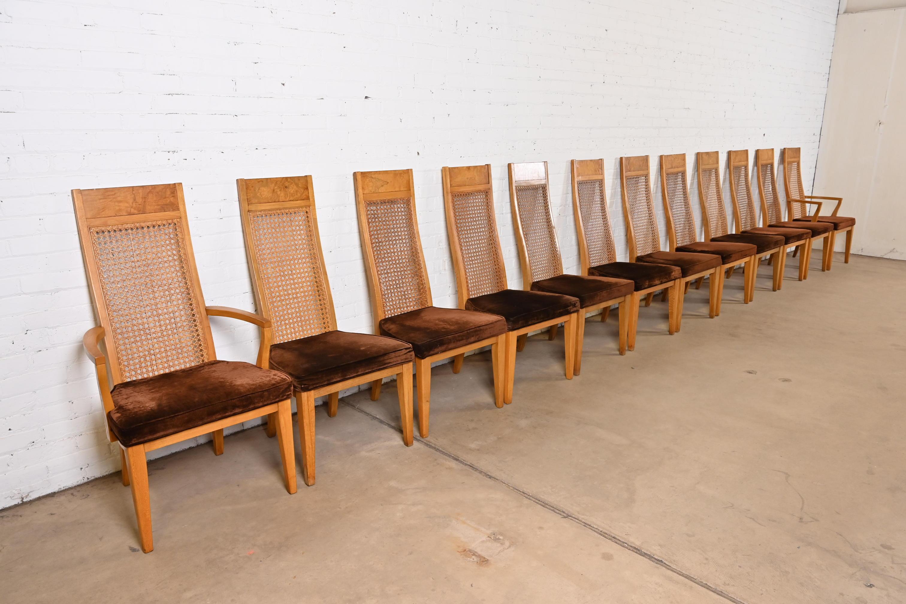 American Milo Baughman Style Mid-Century Modern Burl Wood & Cane High Back Dining Chairs For Sale