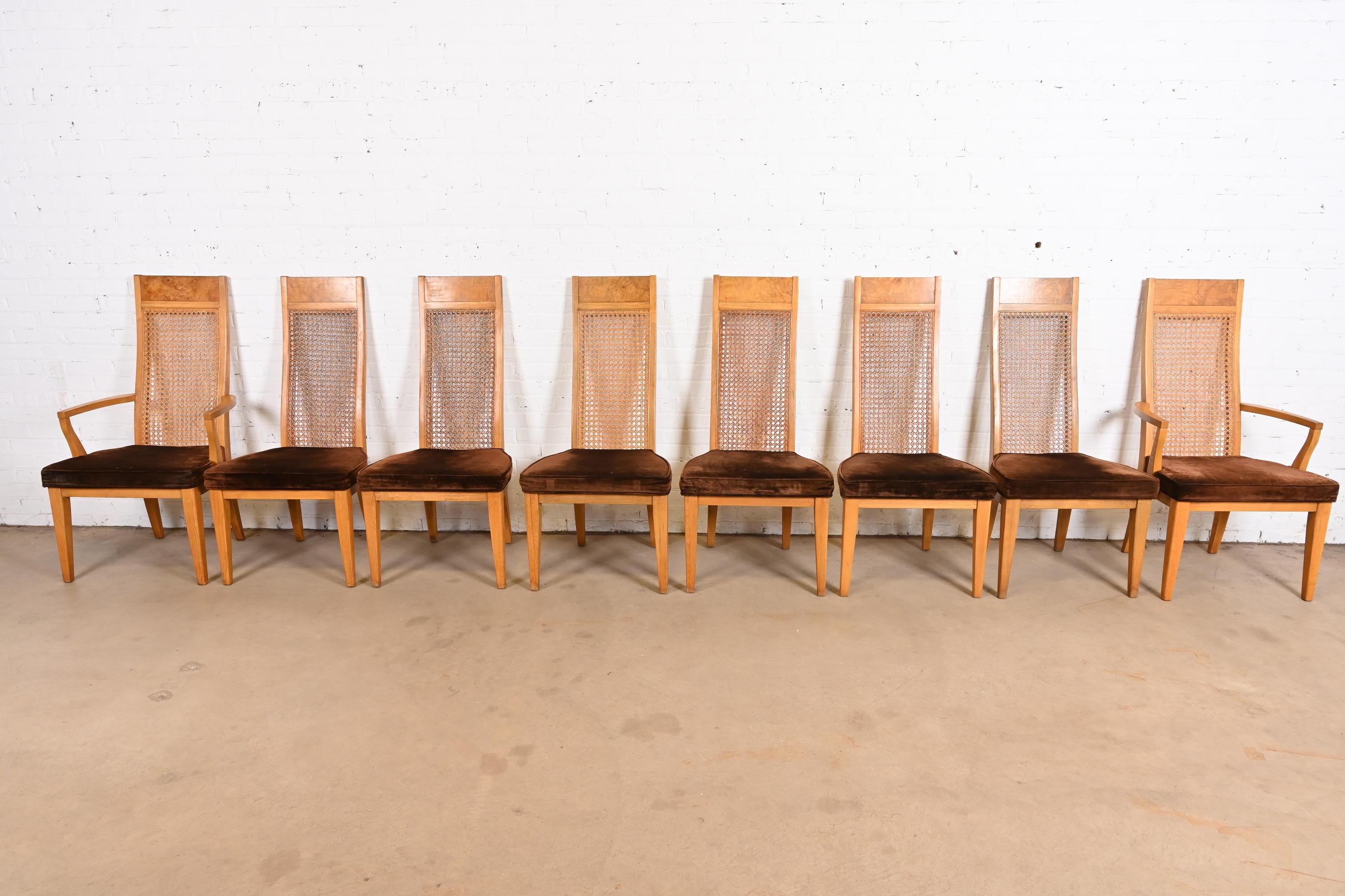 American Milo Baughman Style Mid-Century Modern Burl Wood & Cane High Back Dining Chairs For Sale