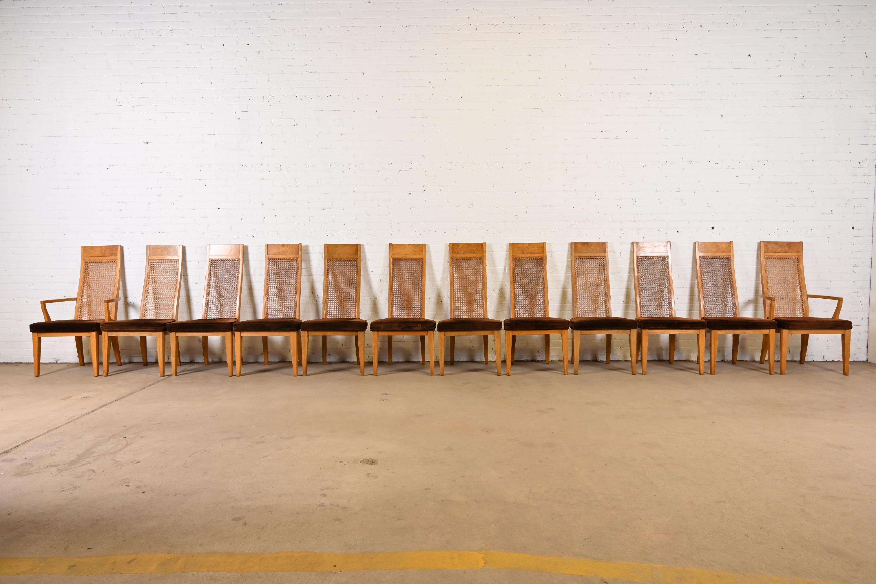 Milo Baughman Style Mid-Century Modern Burl Wood & Cane High Back Dining Chairs In Good Condition For Sale In South Bend, IN