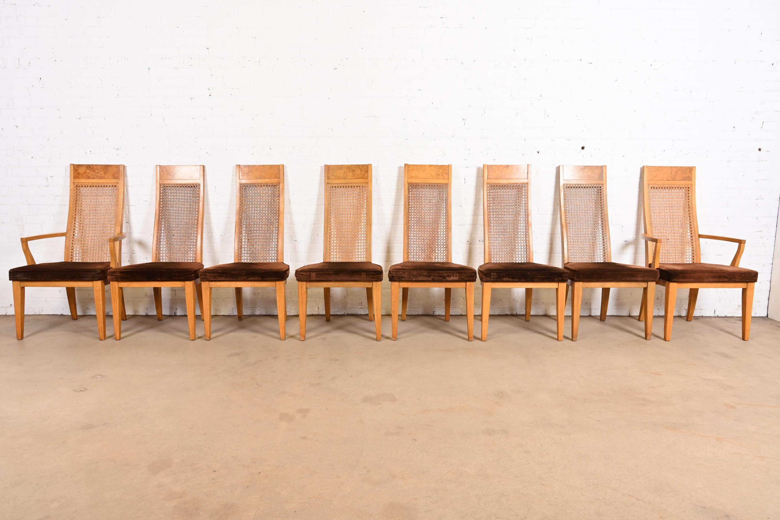 Milo Baughman Style Mid-Century Modern Burl Wood & Cane High Back Dining Chairs In Good Condition For Sale In South Bend, IN