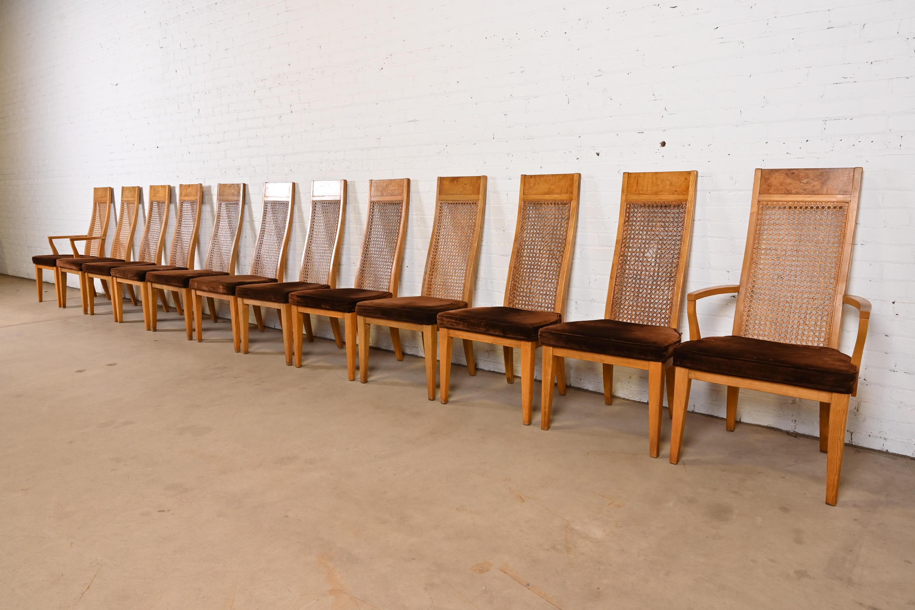 Late 20th Century Milo Baughman Style Mid-Century Modern Burl Wood & Cane High Back Dining Chairs For Sale