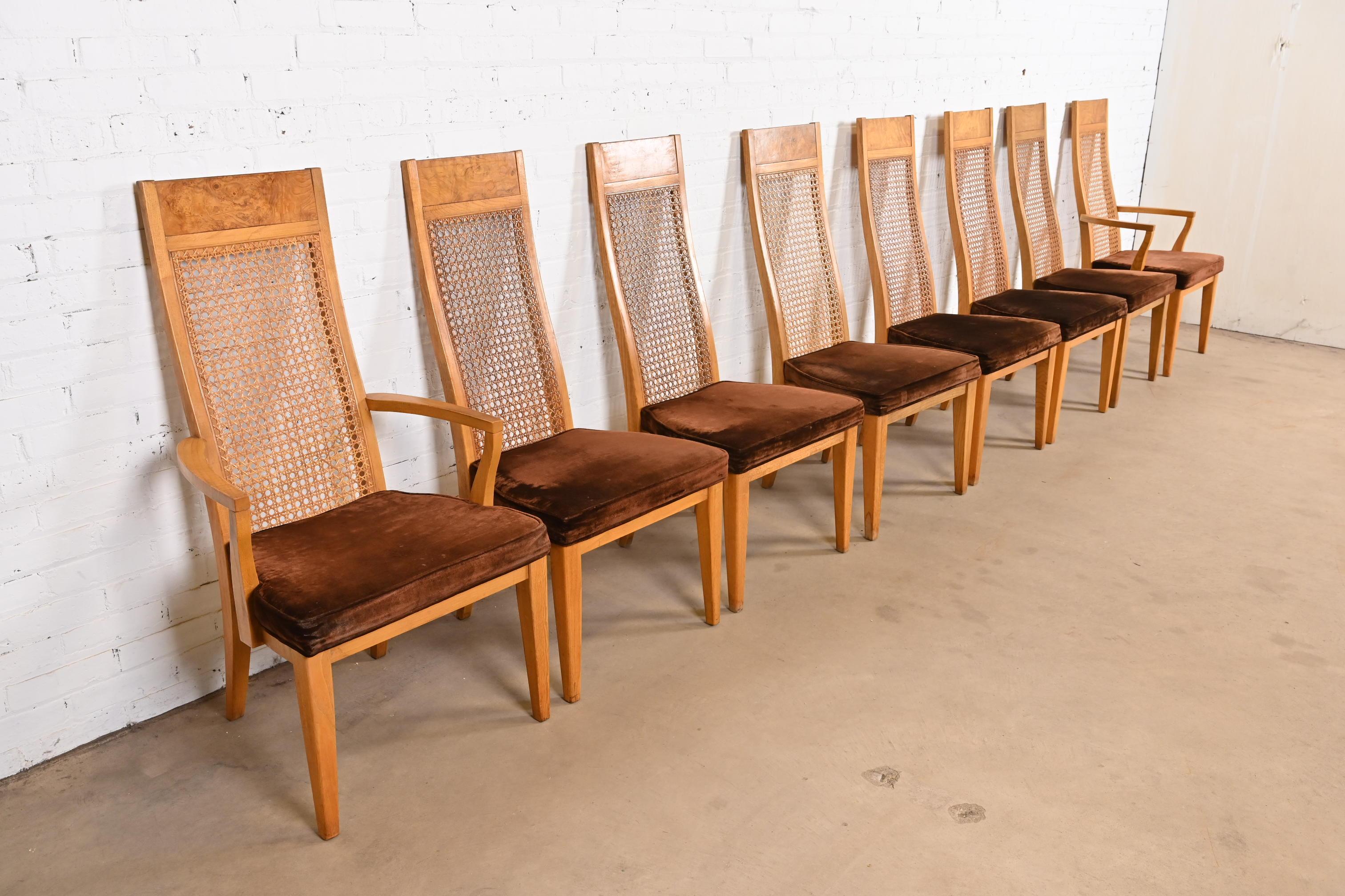 Late 20th Century Milo Baughman Style Mid-Century Modern Burl Wood & Cane High Back Dining Chairs For Sale