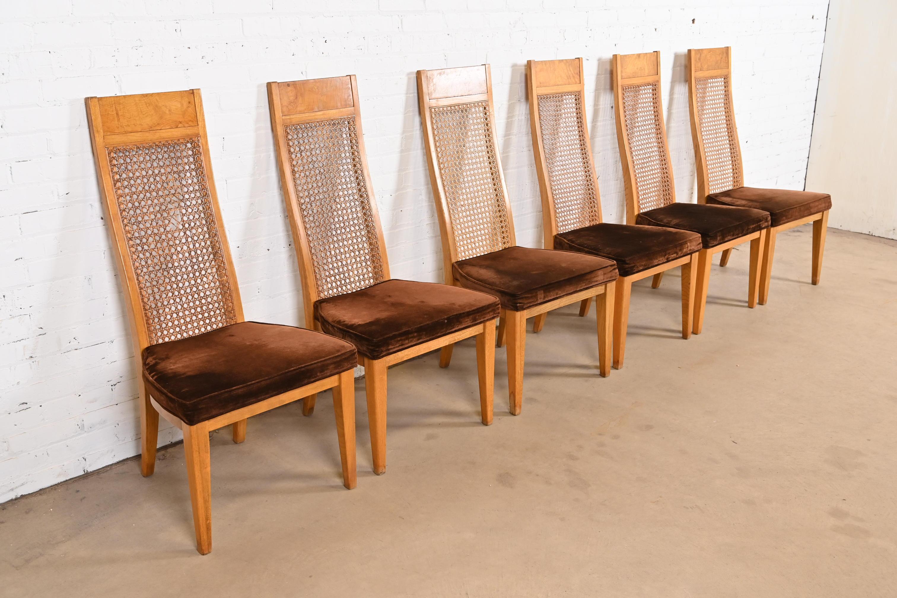 Chaises de salle à manger en bois de ronce et cannage à haut dossier, style Milo Baughman, Modernité du milieu du siècle dernier Bon état - En vente à South Bend, IN