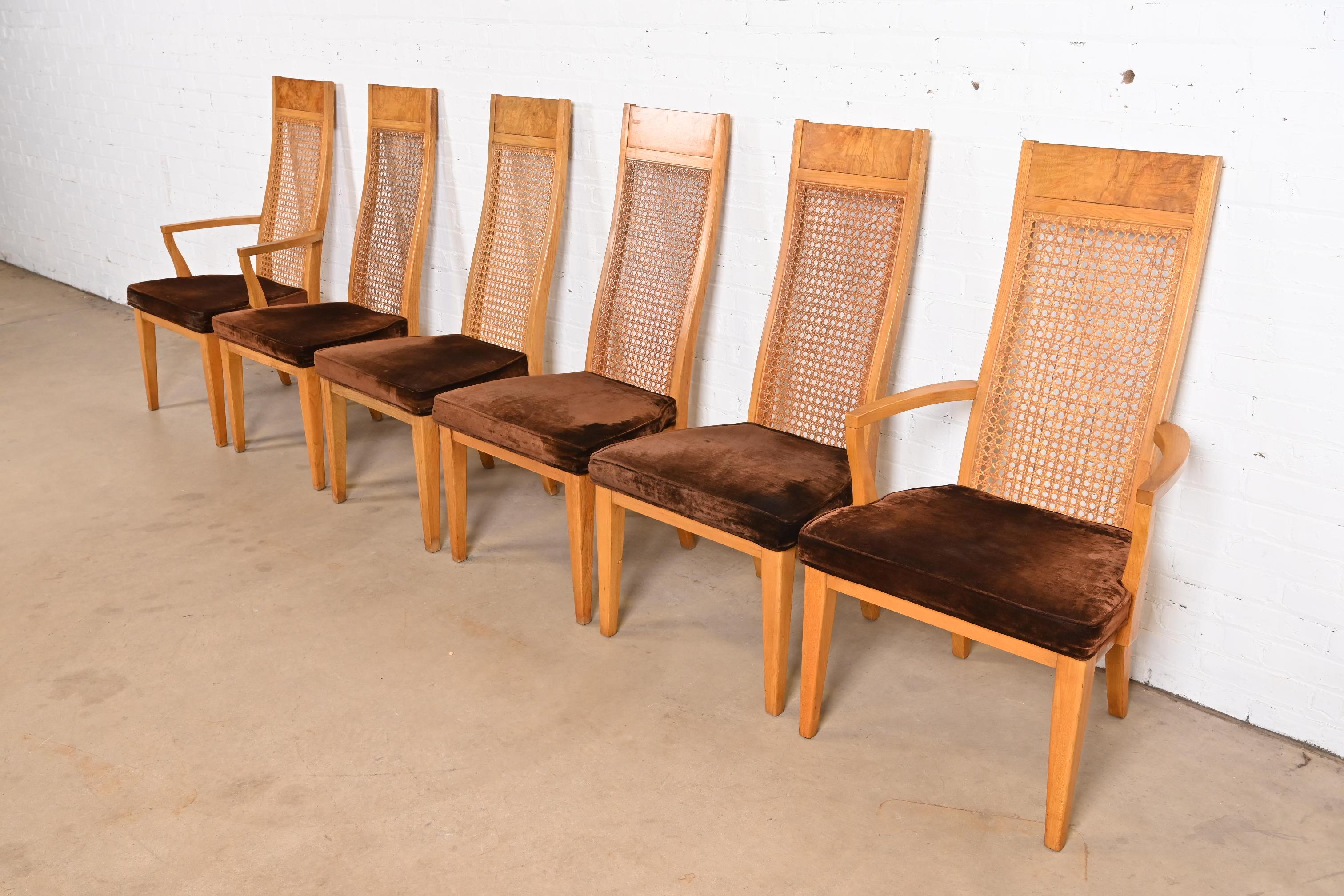 Chaises de salle à manger en bois de ronce et cannage à haut dossier, style Milo Baughman, Modernité du milieu du siècle dernier Bon état - En vente à South Bend, IN