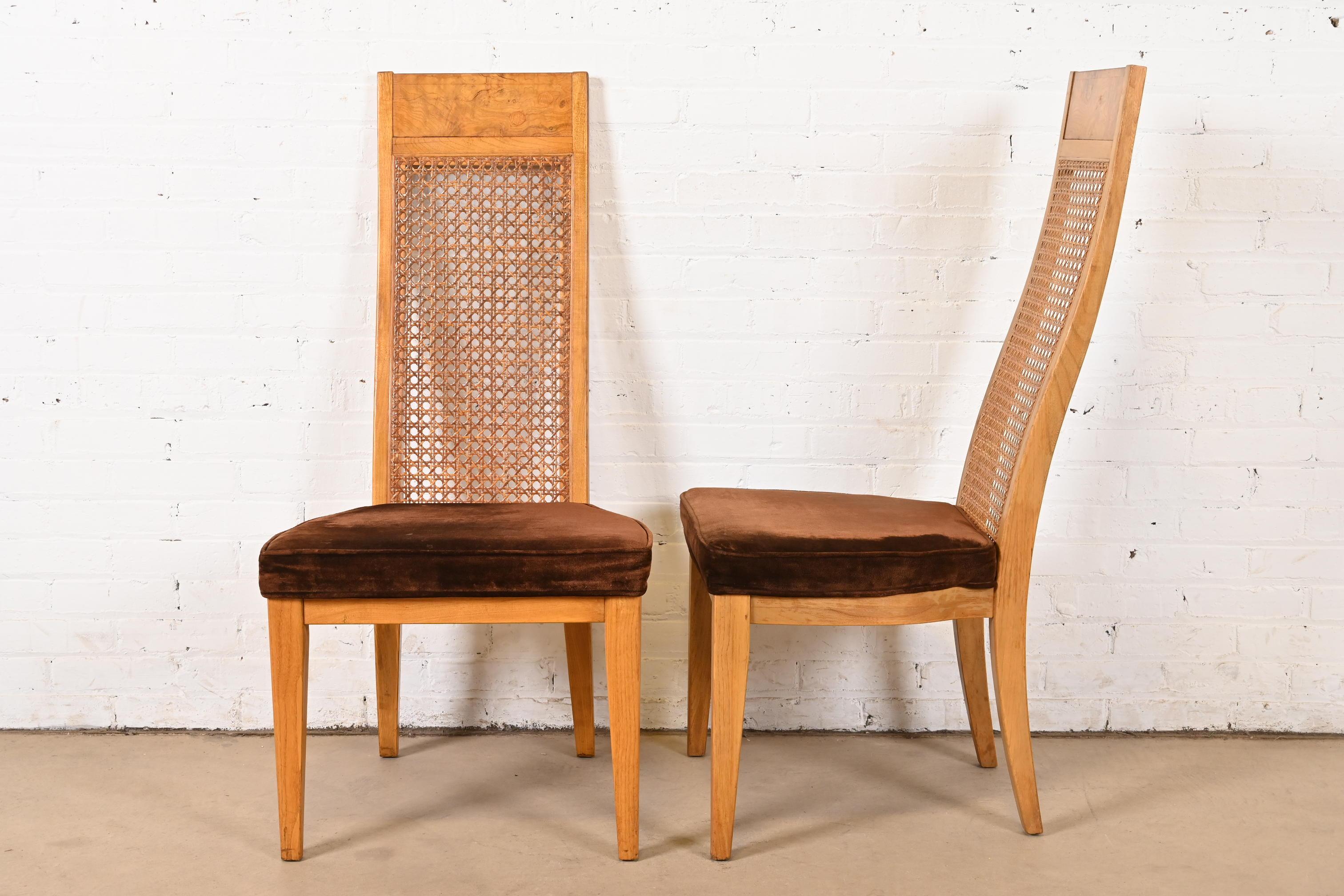 Velvet Milo Baughman Style Mid-Century Modern Burl Wood & Cane High Back Dining Chairs For Sale