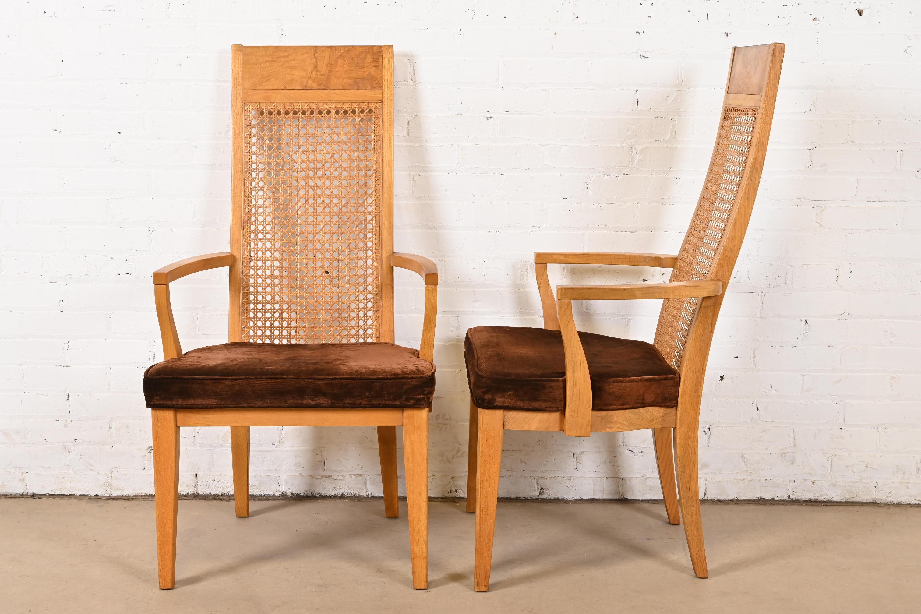 Velvet Milo Baughman Style Mid-Century Modern Burl Wood & Cane High Back Dining Chairs For Sale