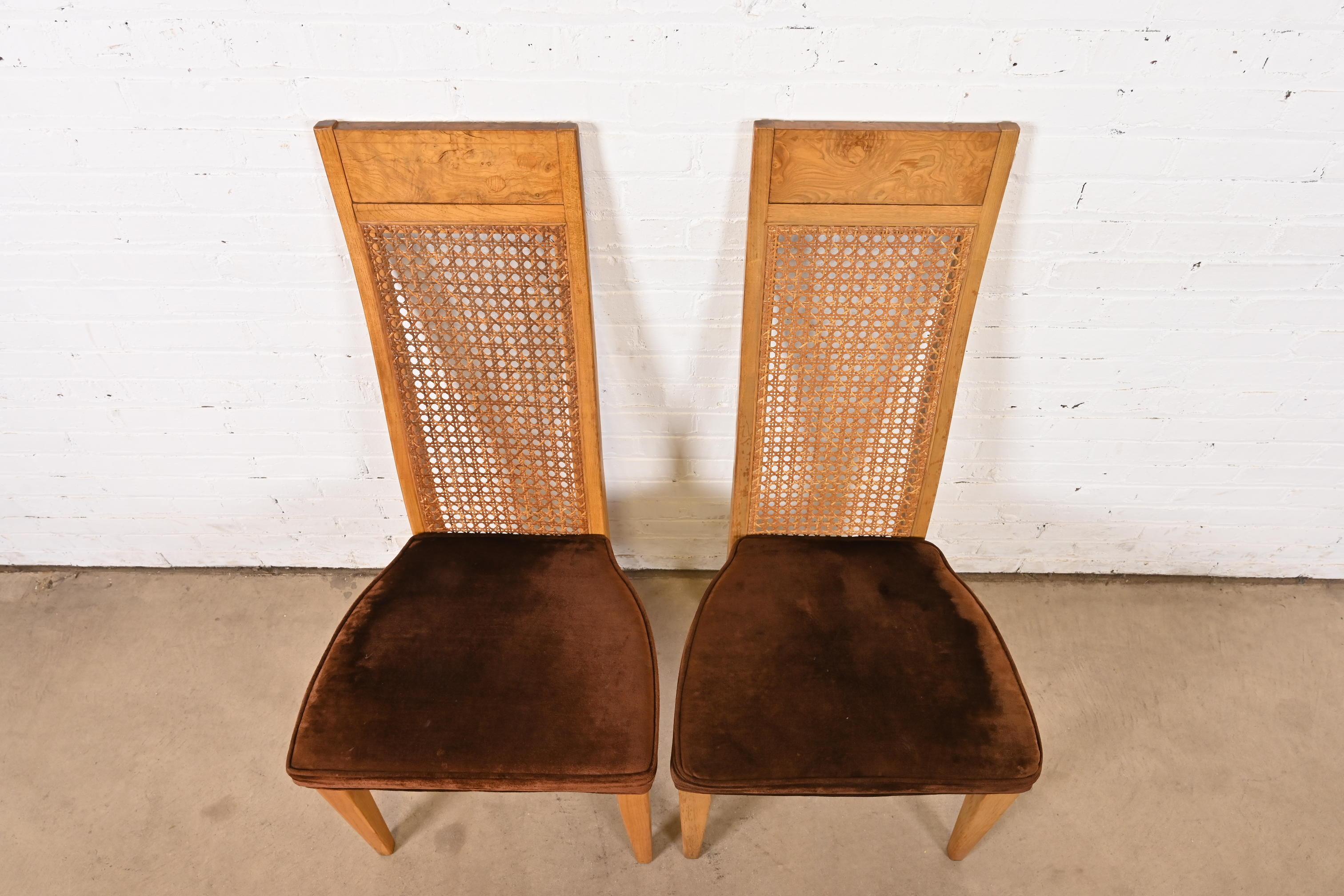 Milo Baughman Style Mid-Century Modern Burl Wood & Cane High Back Dining Chairs For Sale 1